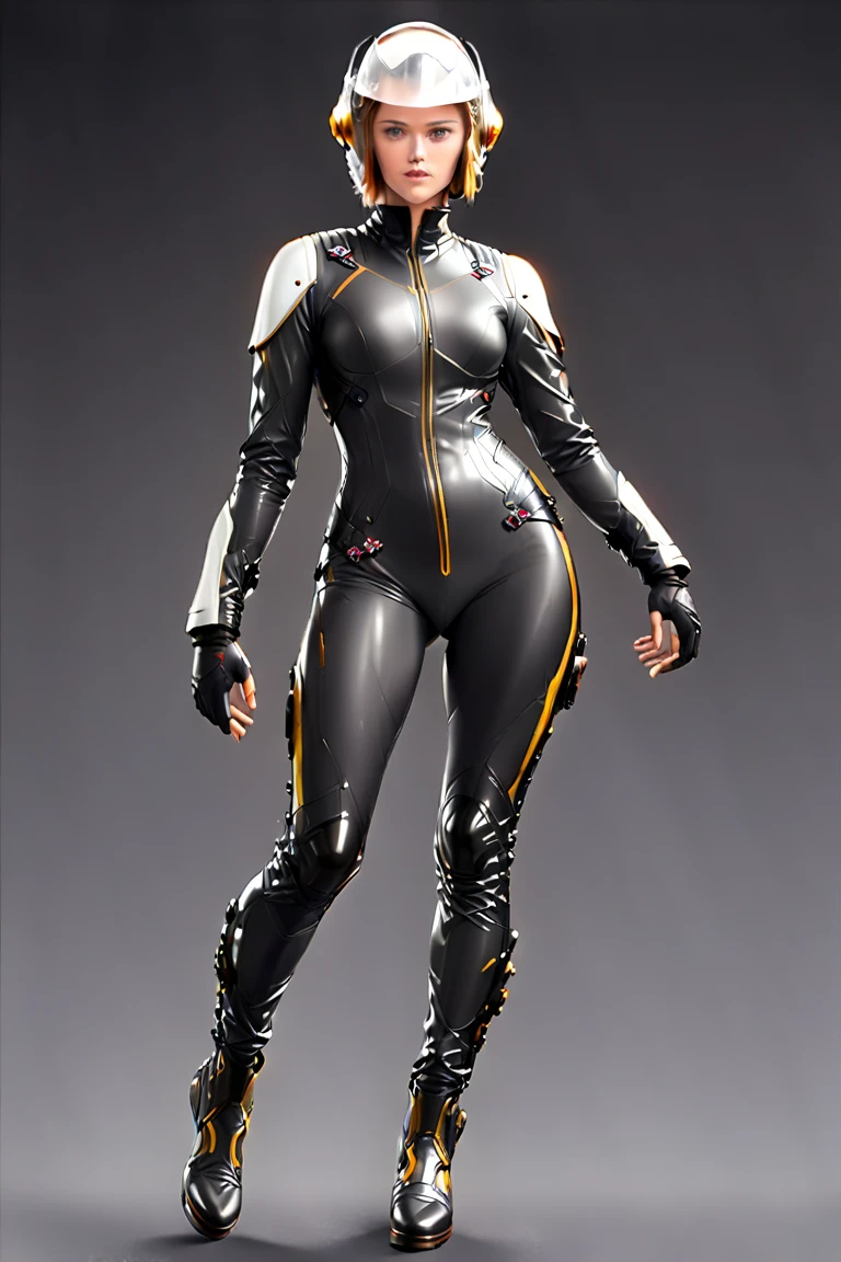 ((Full body photo, standing, feet on the ground)) Beautiful Wonderful Adult Woman with black hair and green eyes and wearing flats, bottomless, Aerodynamic Jumpsuit, Helmet with visor Gloves with protectors, jewelry and elbow pads, short cape and logo and emblem with the power to fly at just 75% levitating, looking at the camera

