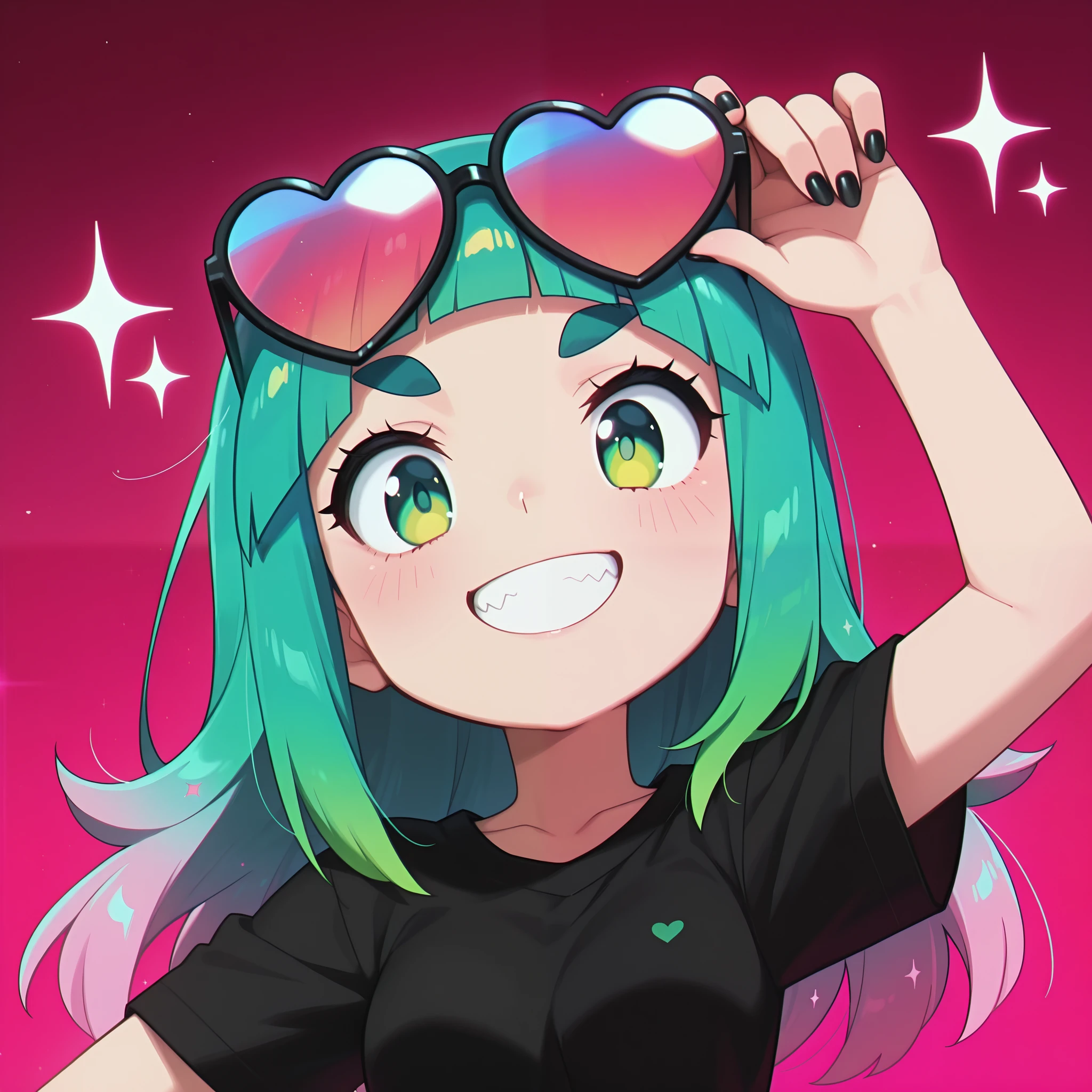 masterpiece, best quality, amazing quality, anime screencap. BREAK. solo, 1girl, heart, black nails, shirt, smile, eyewear on head, green hair, black shirt, heart-shaped eyewear, looking at viewer, multicolored hair, upper body, long hair, sparkle, short sleeves, sunglasses, gradient background, t-shirt, nail polish, green eyes, grin, blue hair, pink background, arm up, red background, simple background, two-tone hair, tinted eyewear, gradient hair, hand up, thick eyebrows, teeth, adjusting eyewear, pink hair, parted lips