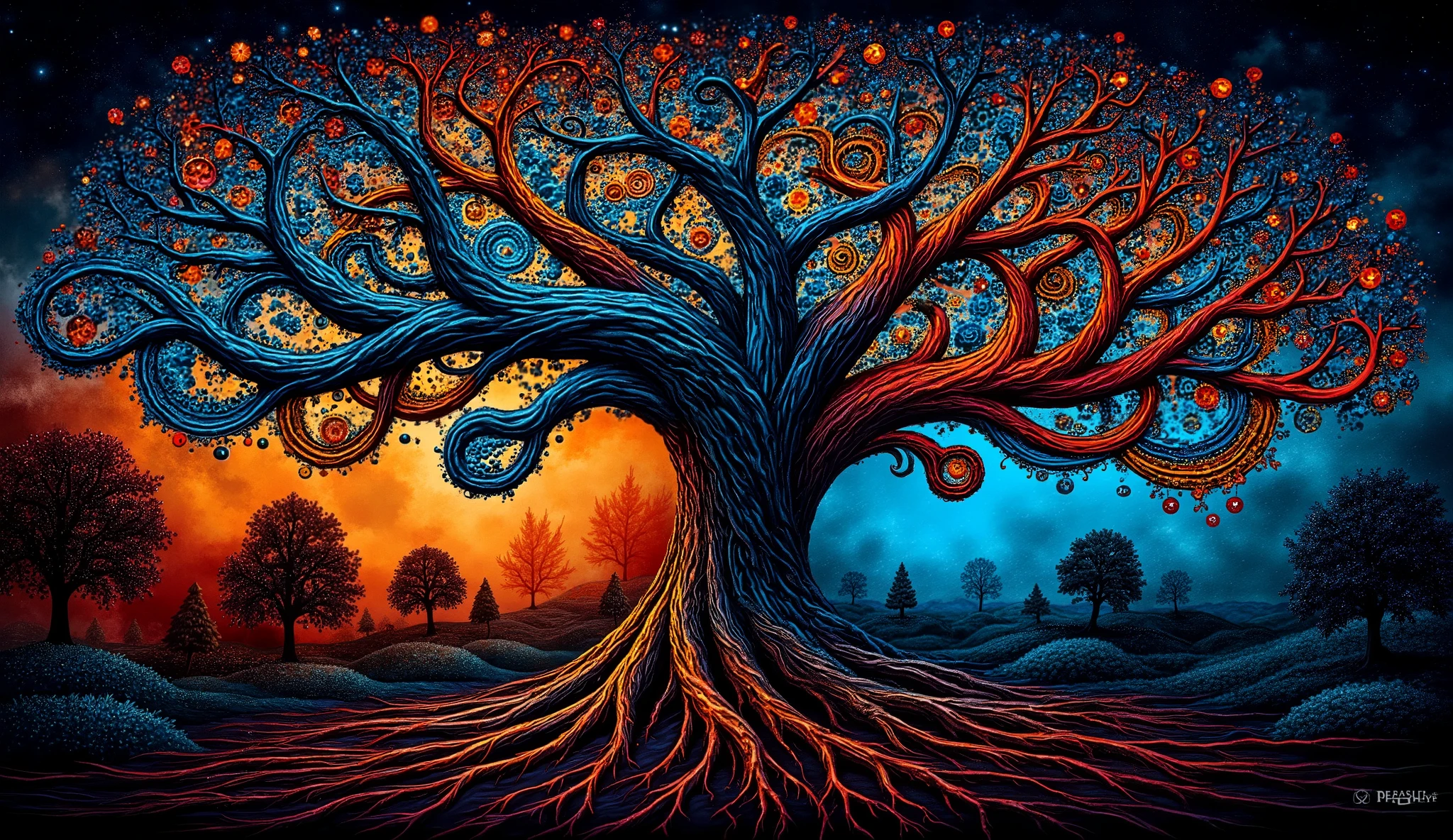 a vibrant, stylized tree with intricate details and colorful patterns. The branches are adorned with circular designs resembling flowers and leaves, blending shades of blue, orange, and red. The background transitions into deeper hues, creating a contrast that enhances the tree's lively appearance. The trunk and roots are depicted with a textured, swirling pattern, adding depth to the overall artwork. The combination of swirling motifs and bold colors gives the image an energetic, whimsical feel, reminiscent of a magical or dreamlike landscape.