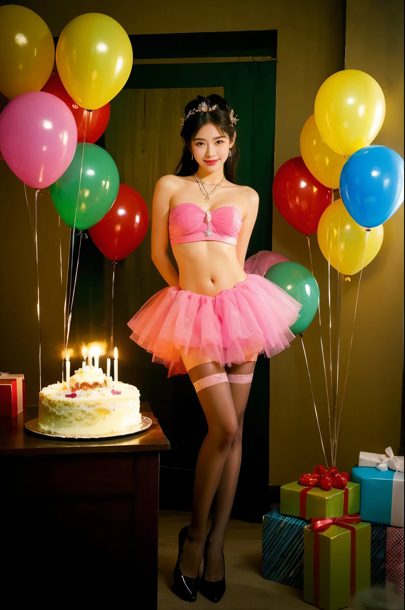 Pretty girl big boobs , bibg balloons in birthday party. Place decorated with pretty shiny latex balloons, helium and balloons in floor. She loves balloons, popped balloons in floor