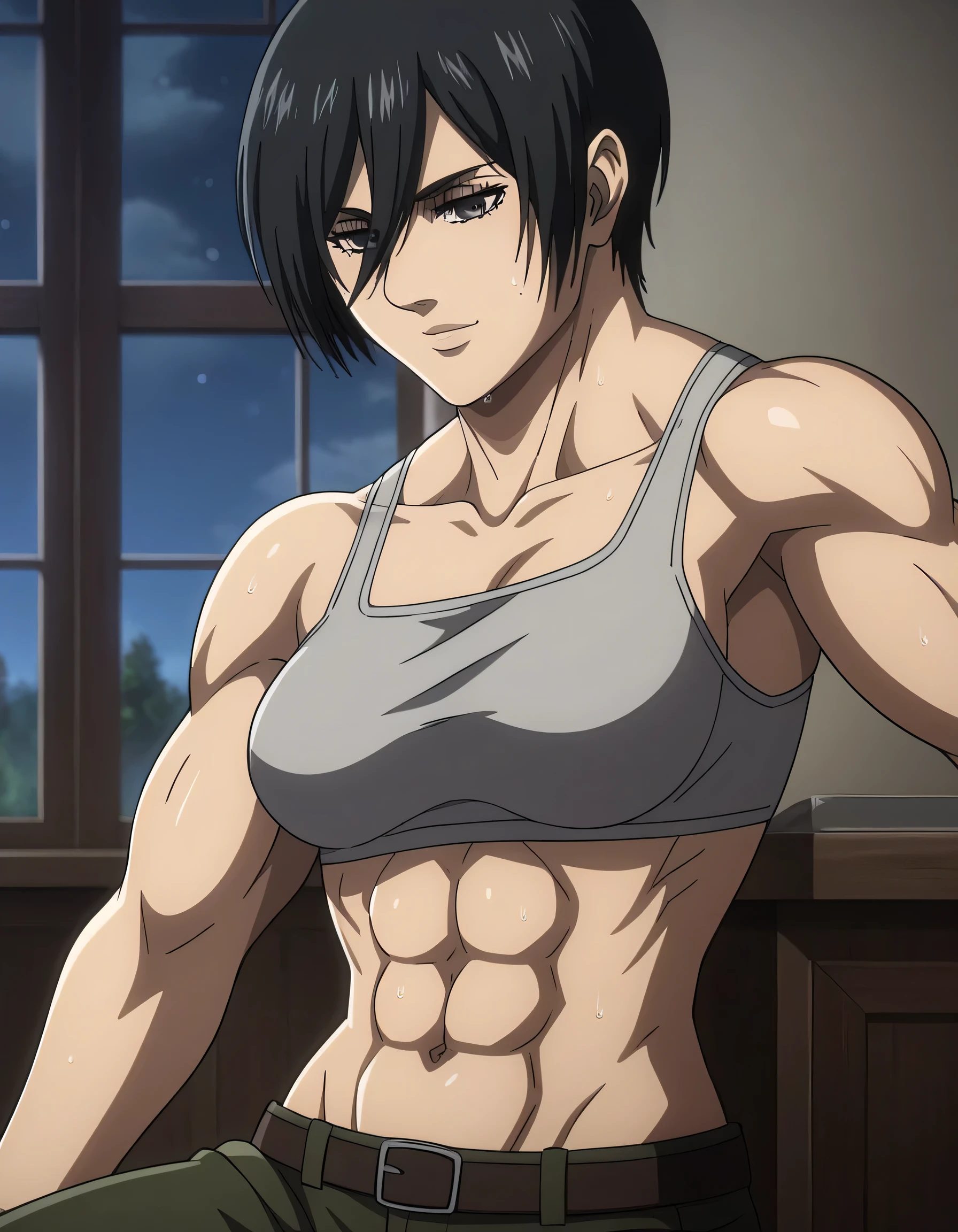 score_9, score_8_up, score_7_up, BREAK source_anime, mikasa ackrman, grey eyes, black hair, short hair, medium breasts,Mikasa wreanig black tight sport Elastic fiber bra and black loose military trousers,mikasa with good looking body,perfect lighting,mikasa final season design,mikasa mappa version,sitting on chair, Perfect generation,mikasa boy hairstyle,mikasa season 4 version,attack on titan graphics,in night,HD wallpaper,perfect colors,pixie cut hairstyle,light smile,,Sweat body,mikasa flat stomach,mikasa only six-pack,normal body size,anime style,tone six-pack,attack on titan season 4 style,upper body,close review to character,bra design as tank top, mikasa handsome face,in bedroom,light trun off in room,mikasa alone in room,solo,1girl, serratus anterior muscles,Qblique muscles,female navel,too white skin,short appear in mikasa pants,Mikasa muscles lines detailed,open pants buttons,belt off,choza sitting,reviewing from side mikasa,too close to character review,handsome smile,head laying on hand,
