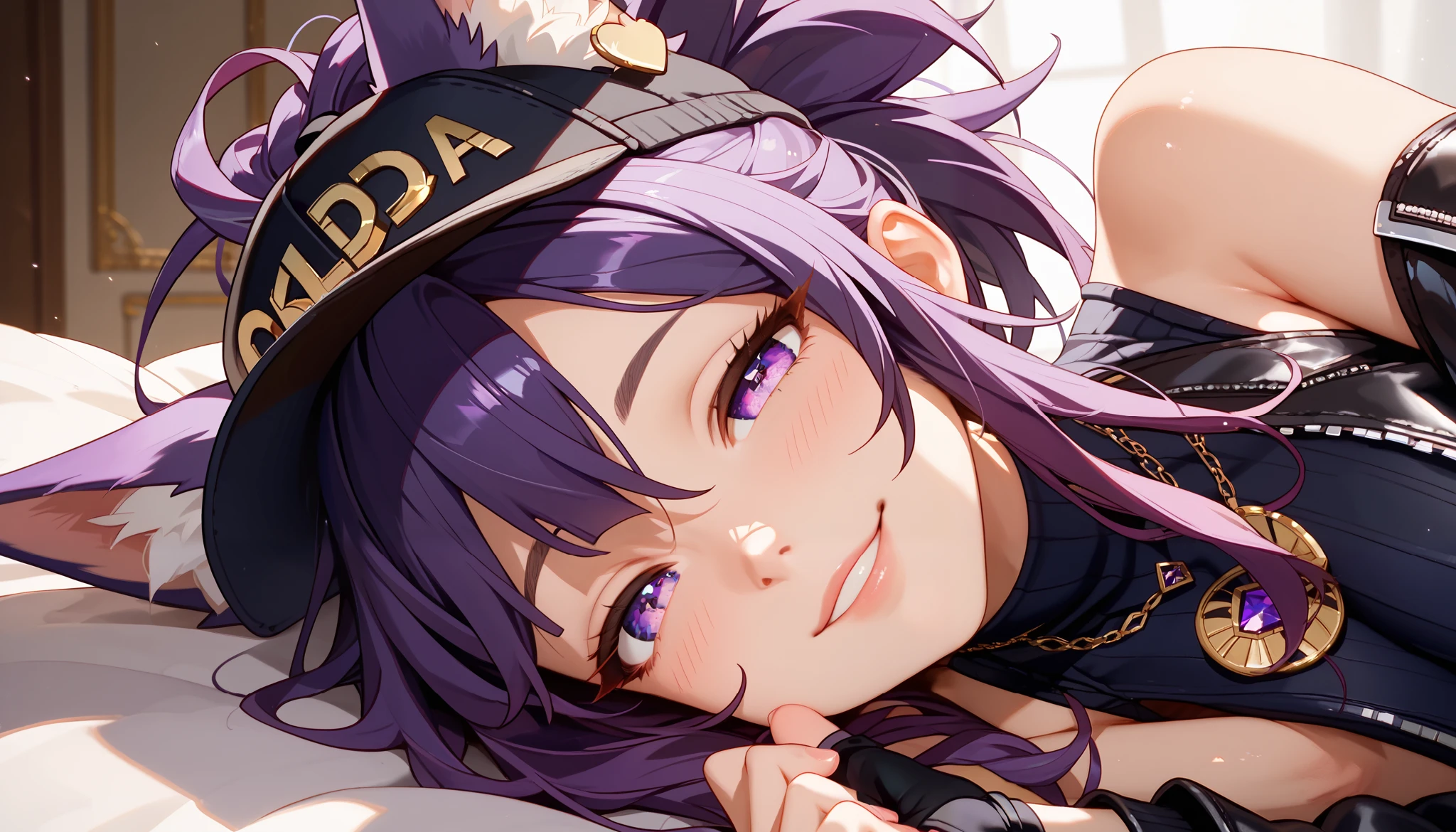 Score_9, Score_8_up, Score_7_up, Score_6_up, Score_5_up, Score_4_up, Tag1, Tag2, Quality_masterpiece, Absurd res, Anatomically correct, Beautiful face, Perfect face, Highly detailed beautiful face and eyes, Attractive face, Detailed face, Delicate facial features,high detail face, Detailed skin, hyper realistic ,high definition detail, Amazing work , wallpaper, screencap, masterpiece, high resolution, best quality ,8k ( KDA Akali ) (Purple cap) (purple glasses) (purple hair) (black shirt) (purple diamond jacket) (black leather skirt) (black sleeveless blouse) (fox ears) (purple fox tail) (brown fox whiskers) (black fingerless leather glove) (gothic necklace) blushing, ebarrasing, updo hair, alone, high purity eyes, closing one eye, smile, half closed eyes, concentraded, lying down, stroking her tail
