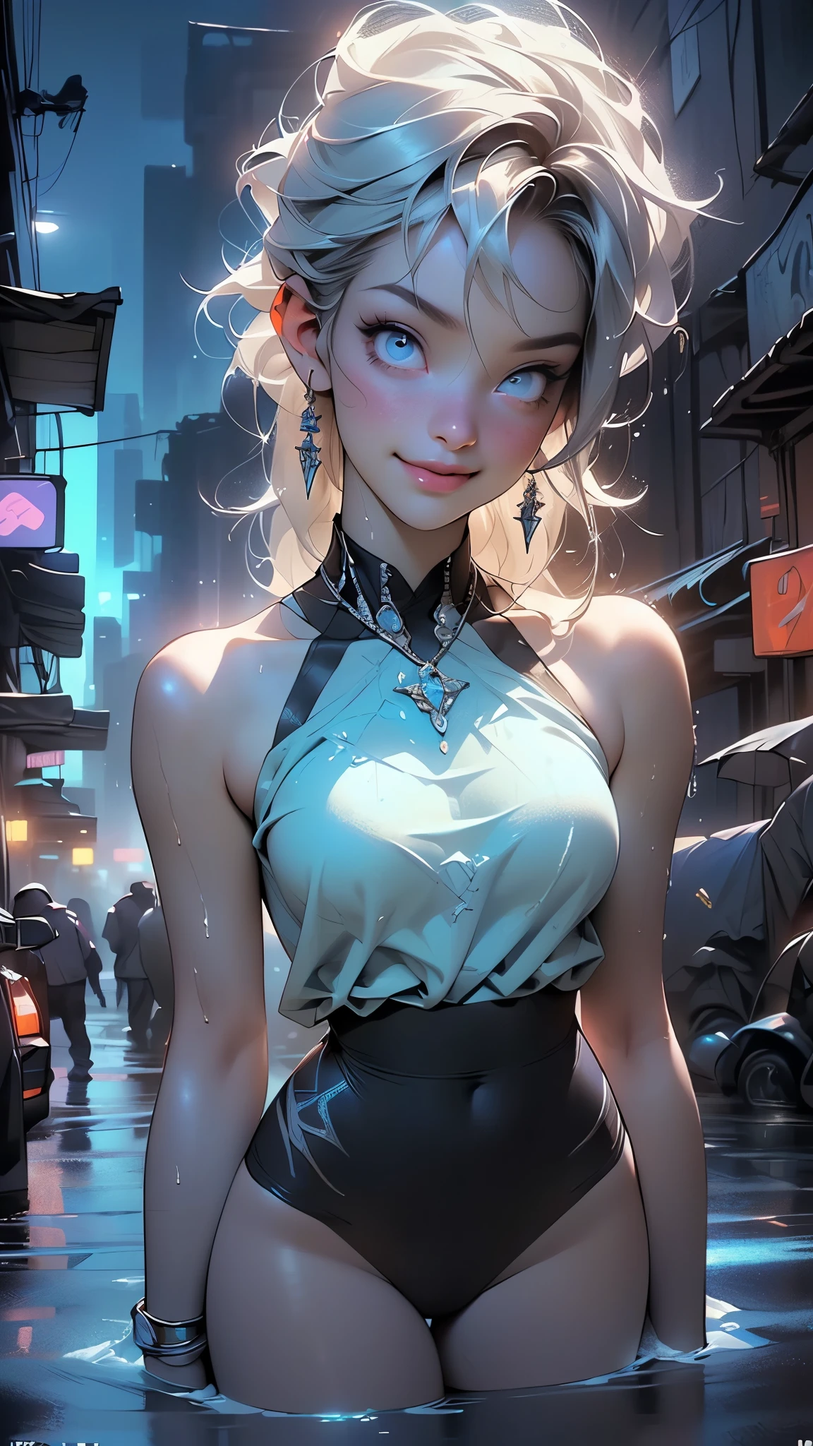 (masterpiece, best quality), 1girl, blonde, freckles, crop top, choker, looking at viewer, upper body, blurry, earrings, street,