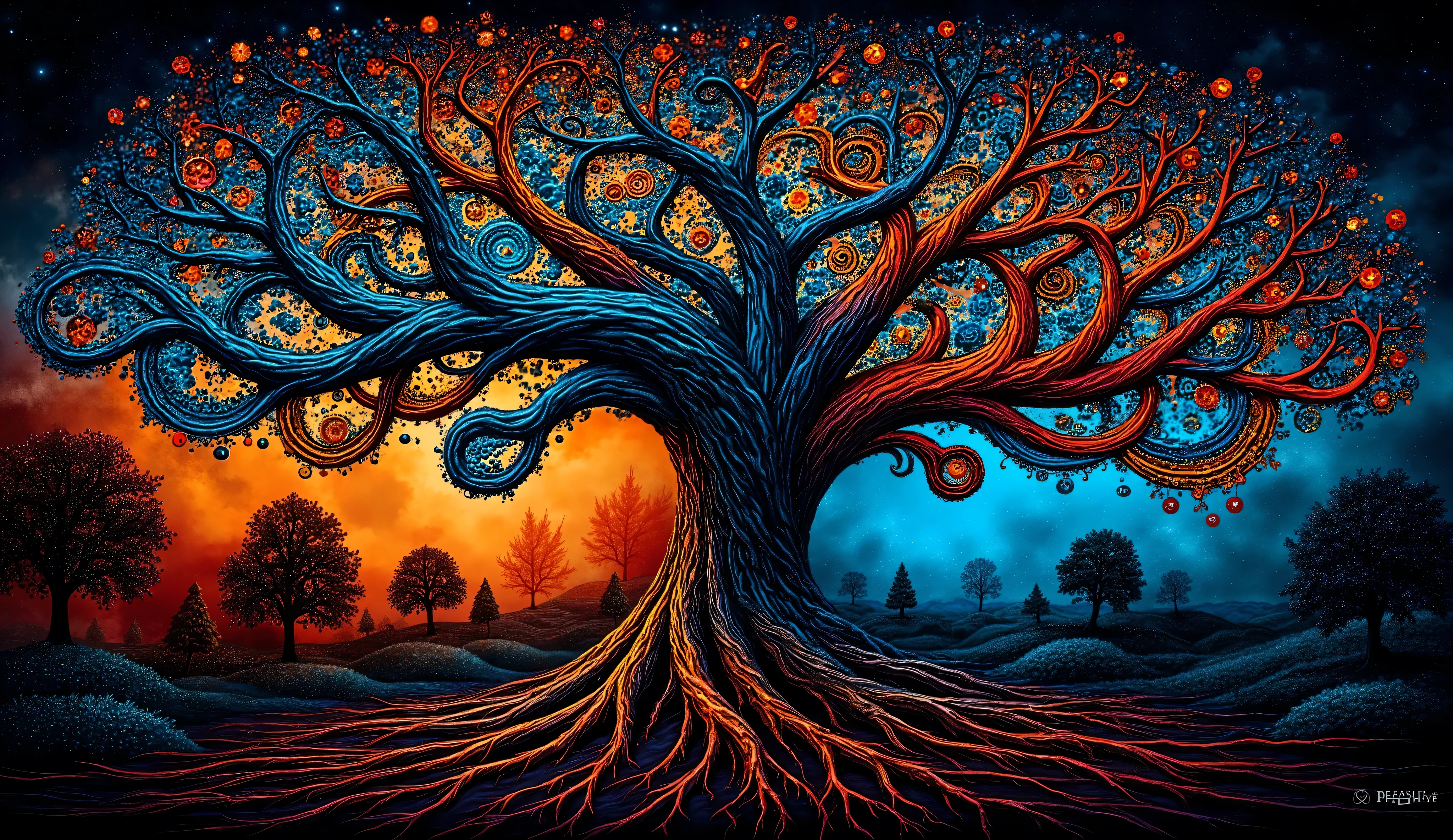 a vibrant, stylized tree with intricate details and colorful patterns. The branches are adorned with circular designs resembling flowers and leaves, blending shades of blue, orange, and red. The background transitions into deeper hues, creating a contrast that enhances the tree's lively appearance. The trunk and roots are depicted with a textured, swirling pattern, adding depth to the overall artwork. The combination of swirling motifs and bold colors gives the image an energetic, whimsical feel, reminiscent of a magical or dreamlike landscape.