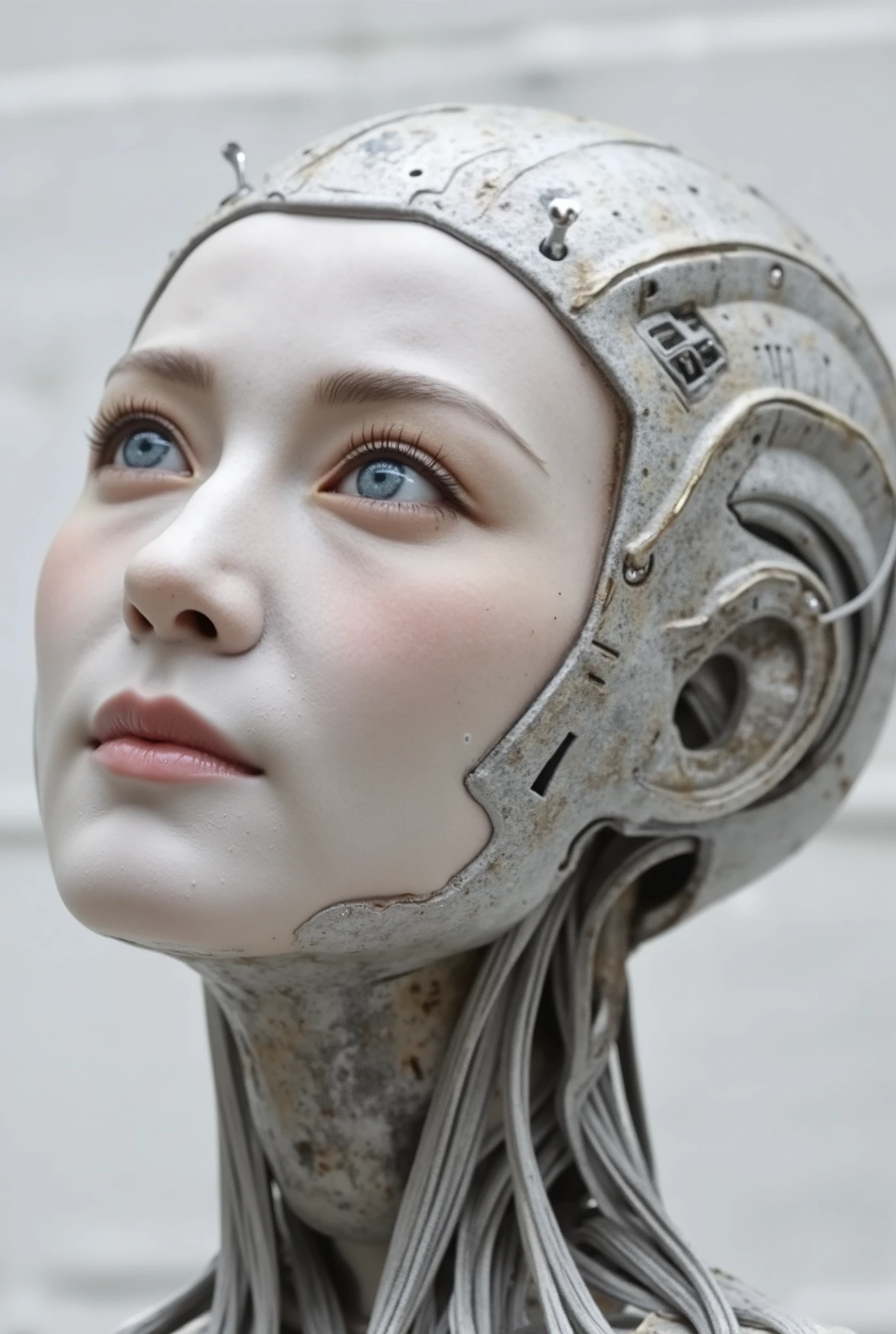 Close-up portrait of a hyper-realistic humanoid robot, blending advanced mechanical design with delicate porcelain-like skin. The android's face, adorned with intricate circuitry and post-apocalyptic makeup in muted greys and beiges, exudes a melancholic, eerie beauty. Her white and grey color scheme features subtle rust details and slight imperfections, hinting at the wear from her existence. Wires emerge from behind her head, connecting to mechanical parts visible on her face, while the background of clean white walls emphasizes her complexity. With a slight tilt of her head, her sparkling light blue eyes gaze upwards, as if longing for something distant, in the haunting style of H.R. Giger. Every detail, from the dust on her skin to the fine metallic textures, creates a captivating depth and emotional resonance.