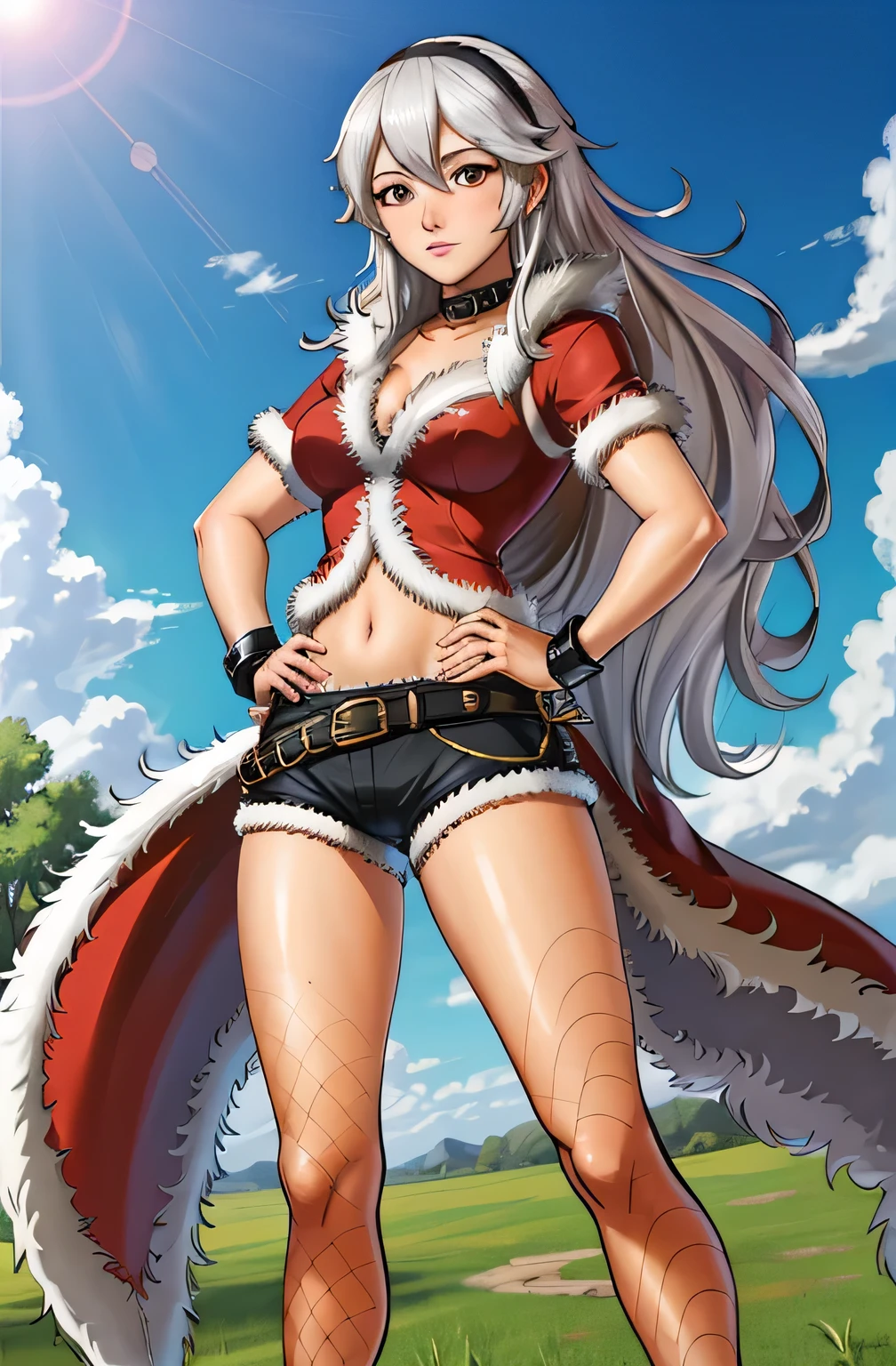 rogueRO, fishnet legwear, red fur coat, midriff, collar, black hair_band, black shorts, bangle, armlet, navel, shoes, 1girl, looking at viewer, serious, long hair, white hair, red eye, standing, hands on , face focus, ((upepr body)), (masterpiece),scenery, corrin (female) (fire emblem)
