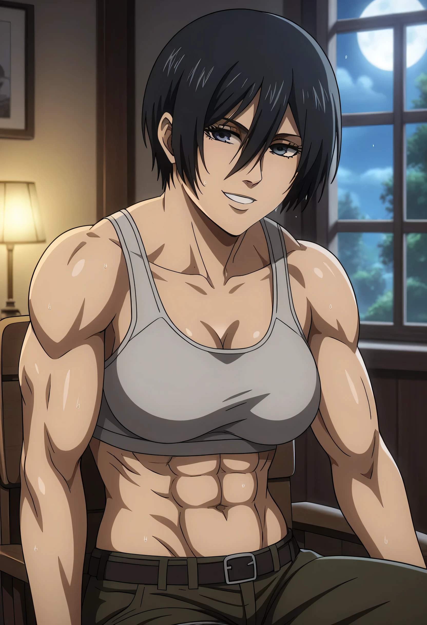 score_9, score_8_up, score_7_up, BREAK source_anime, mikasa ackrman, grey eyes, black hair, short hair, medium breasts,Mikasa wreanig black tight sport  Elastic  fiber  bra and black loose modern military trousers,mikasa with good looking body,perfect lighting,mikasa final season design,mikasa mappa version,sitting on  chair, Perfect generation,mikasa boy hairstyle,mikasa season 4 version,attack on titan graphics,in night,HD wallpaper,perfect colors,pixie cut hairstyle,fighting face,,wet body,mikasa flat stomach,mikasa only six-pack,normal body size,anime style,tone six-pack,attack on titan season 4 style,upper body,close review to character,bra design  as tank top, mikasa handsome face,in bedroom,light trun off in room,mikasa alone in room,solo,1girl, serratus anterior muscles,Qblique muscles,female navel,teeth appear at smile,too white skin,short appear in mikasa pants,Mikasa muscles lines detailed,open pants buttons,belt off,hand laying on sude chair choza sitting,reviewing from side mikasa,too close to character review,.,wet hair,Neat and shiny hair,Attractive towards women,perfect fixing 
