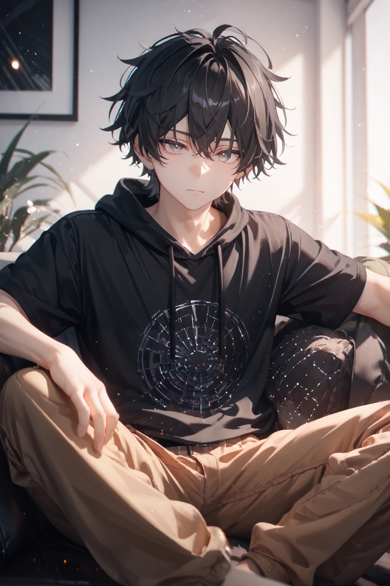 score_9, score_8_up, score_7_up, semi-portrait, solo, 1man ((Eyes with high detail, no defects, pupils of equal size)), good mood, young-adult, short hair, messy hair, black hair, dark-gray eyes, casual look, black hoodie, cargo pants, sitting on the couch, living room, indoors, particles, fractal, (best quality,4k,8k,highres,masterpiece:1.2), ultra-detailed, intricate details, subdued light, dramatic lighting, cozy, warm colors, chiaroscuro