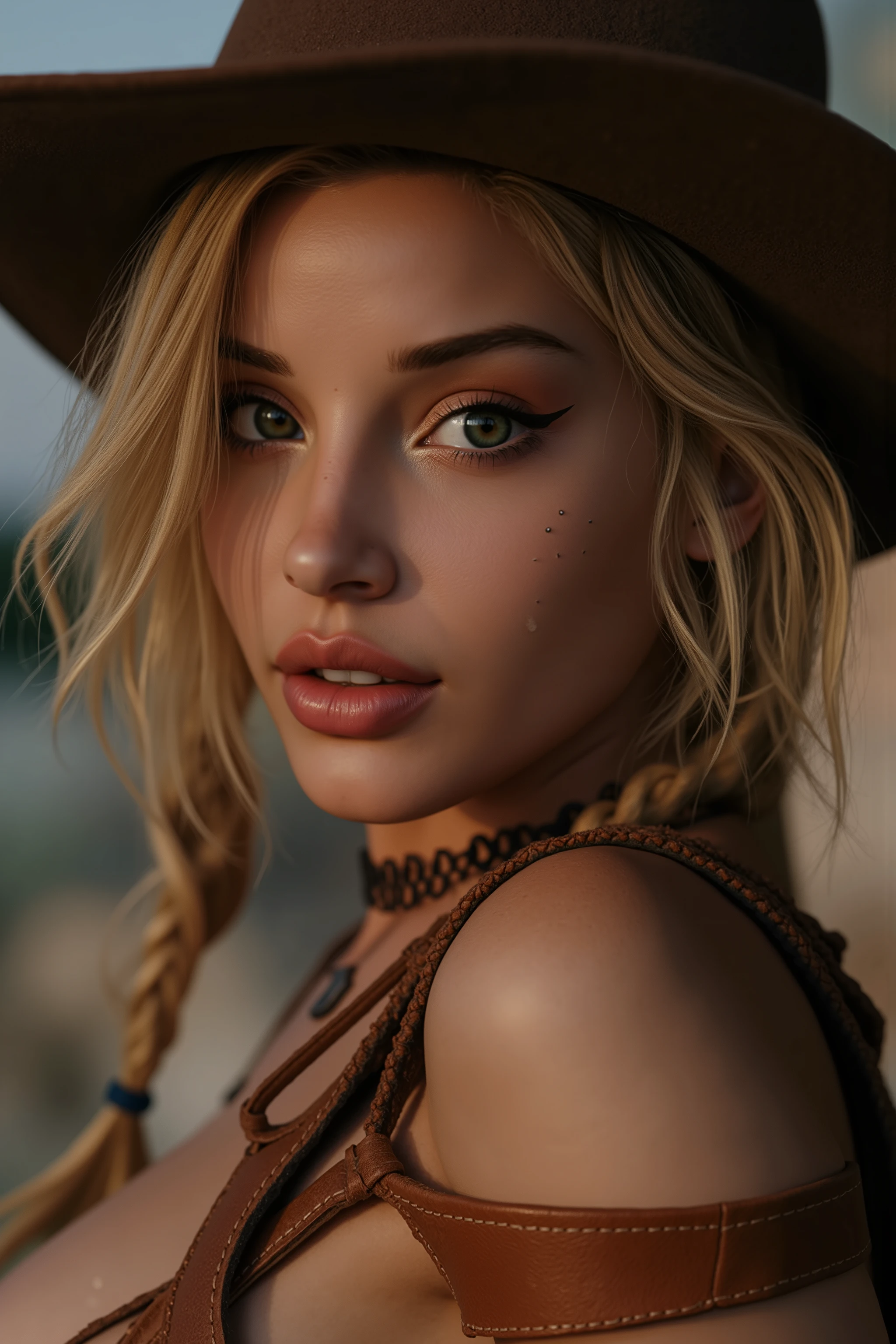  quality & silent:

(8k Ultra HD,  photorealistic, professionelles Studio-Shooting, cinematic lighting mood,  razor-sharp details , soft,  natural skin texture ,  dramatic shadow effect ,  warm shades ).
Scene &  background:

    Neutraler Studiohintergrund mit softm Bokeh oder rustikaler Western-Atmosphäre.
    Light source from the front, light shadows for drama & Depth.

Figure & Styling:

    Female model with distinctive facial features,  inspired by Anya Taylor-Joy ,  Ester Expósito or Margot Robbie .
    fell,  slightly tousled hair , worn under a cowboy hat.
    Make-up: natural look, accentuated eyes,  sensual lips.
    Clothing:
        Open western blouse or fringed vest, slightly shifted for a sensual touch.
        Cowboy hat slightly pulled down on the face, emphasizes the cheeky look.
        Leather accessories such as a scarf or cartridge belt for authenticity.

Pose & Mood:

    Depthr Kamerawinkel, emphasizes dominance & Sensuality of the pose.
    Look slightly down from above, intense eye contact with the camera.
    Hat slightly raised, to create a confident, to create a seductive effect.
     slightly opened lips , a touch of wildness and adventure.