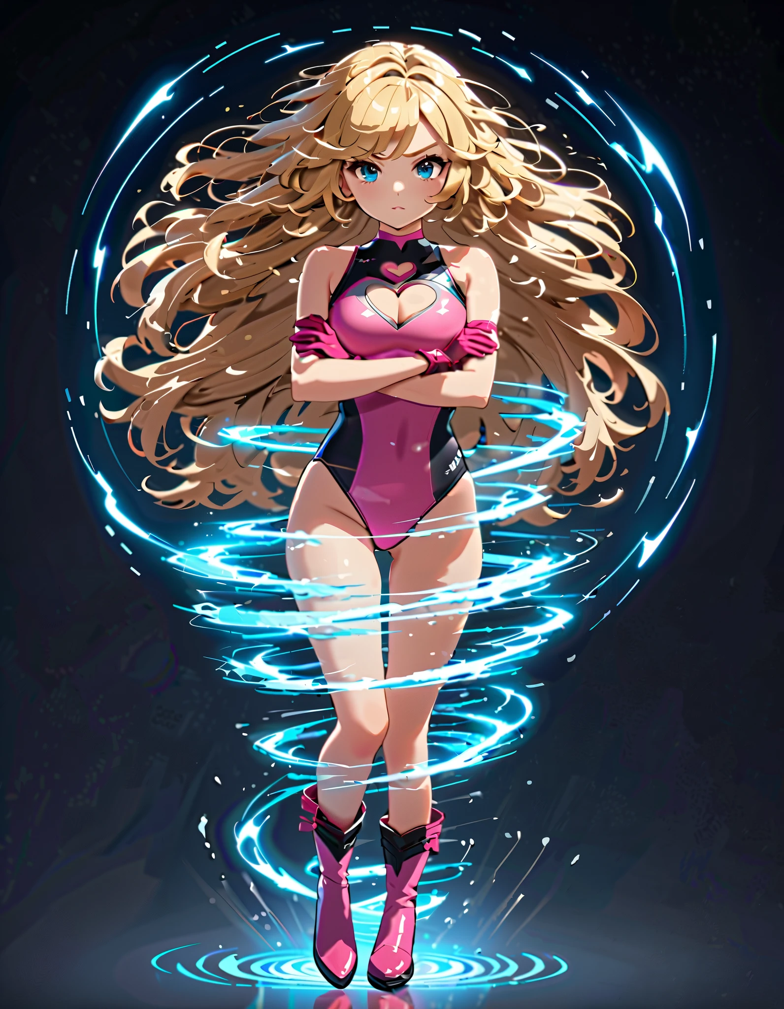 ((masterpiece)), ((best quality)), ((high res)), 1girl, solo, solo focus, (leotard, perfect leotard, pink leotard, sleeveless, bare legs), matching boots, looking at the viewer, blue sky backdrop, hand, perfect hands, complete fingers, perfect anatomy, medium breasts, (blonde hair, long hair, mid-length hair, hair down, bangs), knee boots, blue eyes, beautiful detailed eyes, beautiful detailed face, cute face, (cleavage heart cutout), pink gloves, pink footwear, superhero, heroic, spread arms. spins in place like a tornado. she spins at an incredible speed, creating a whirlwind of air around her. spiral lines around her body, cyclone winds around, tornado spinning. full body with costume