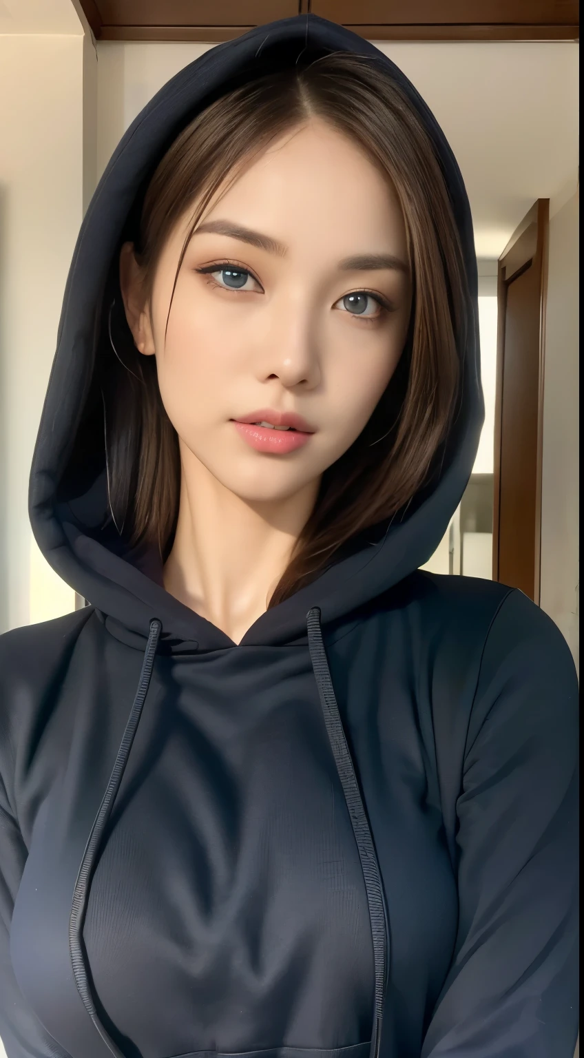 8k, top quality, intricate detail on the edge of the garment, super detailed, Supernatural, masterpiece, Random Angle , slender, smile, (Makeup: 0.4), (ふわふわの blue eyes: 1.21), blue eyes, viewers, (( full body)), 1 girl, Alone, in the seat, (( full body)), close-up shot , , (( tall )), ((( healthy body))), (((Slim face))), Sharp face, sharp eyes, ((( black hair, long hair, )) ( detailed face), Sharp face, small lips by Telebi,
(( hoodie)), detailed face, Detailed chest, , big breasts, Detail ass, , A beautiful, toned, slender woman : 1.4, six pack abs : 1.4, bust botox , big, perfect body, Detailed feet, (( moonlight)), Mountain top
