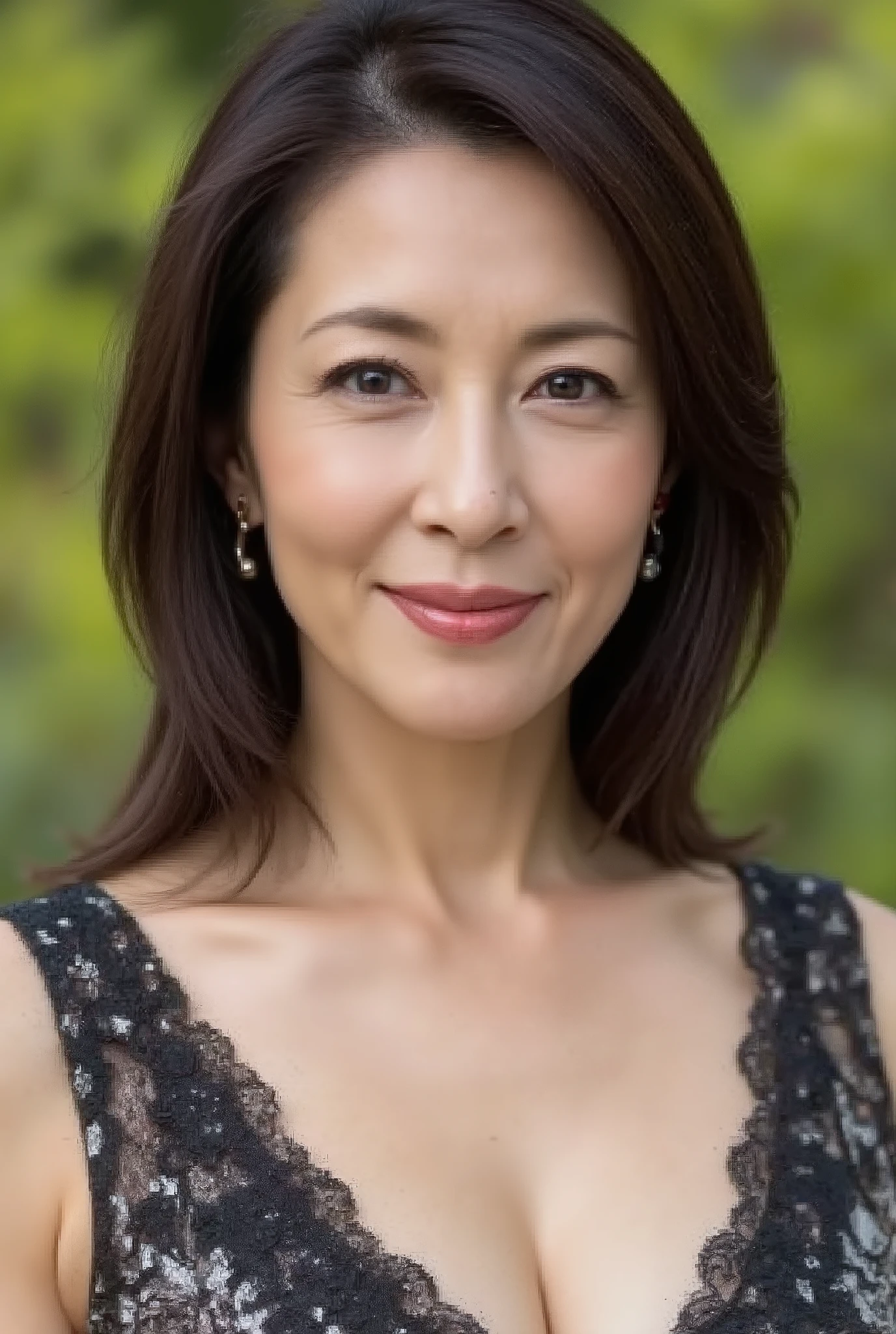  high image quality ,  masterpiece,  top quality。Beautiful middle-aged woman standing in a park (48 years old: 1.4), ( face), wavy dark hair ,Slender and long legs, fine laugh lines: 1.2, and a bewitching smile .   。 sharp facial details  ,  amazing beauty (Ultimate beauty),  It features 、 (lipstick: 1.1), ( eyeliner: 1.2),  mascara,  and eyeshadow .  model exudes elegance and confidence ,   large garden near  , photo by Nomi quality ( by Nomi: 1.2, hyper by Nomi: 1.1, photo by Nomi: 1.37),   Unmatched Beauty Live Venue,  and formal aesthetics   (1.4).   The image is rendered with sharp focus   (1.4),  allows depth of field,   and physical base rendering  .  Each fashion pattern has sophisticated seasonal styling, 。 The image exudes clarity and refinement  。Moss colored turtleneck sleeveless knit dress,  with makeup including a blurred abstract background 、  reflects quiet refinement .The face of motherhood。