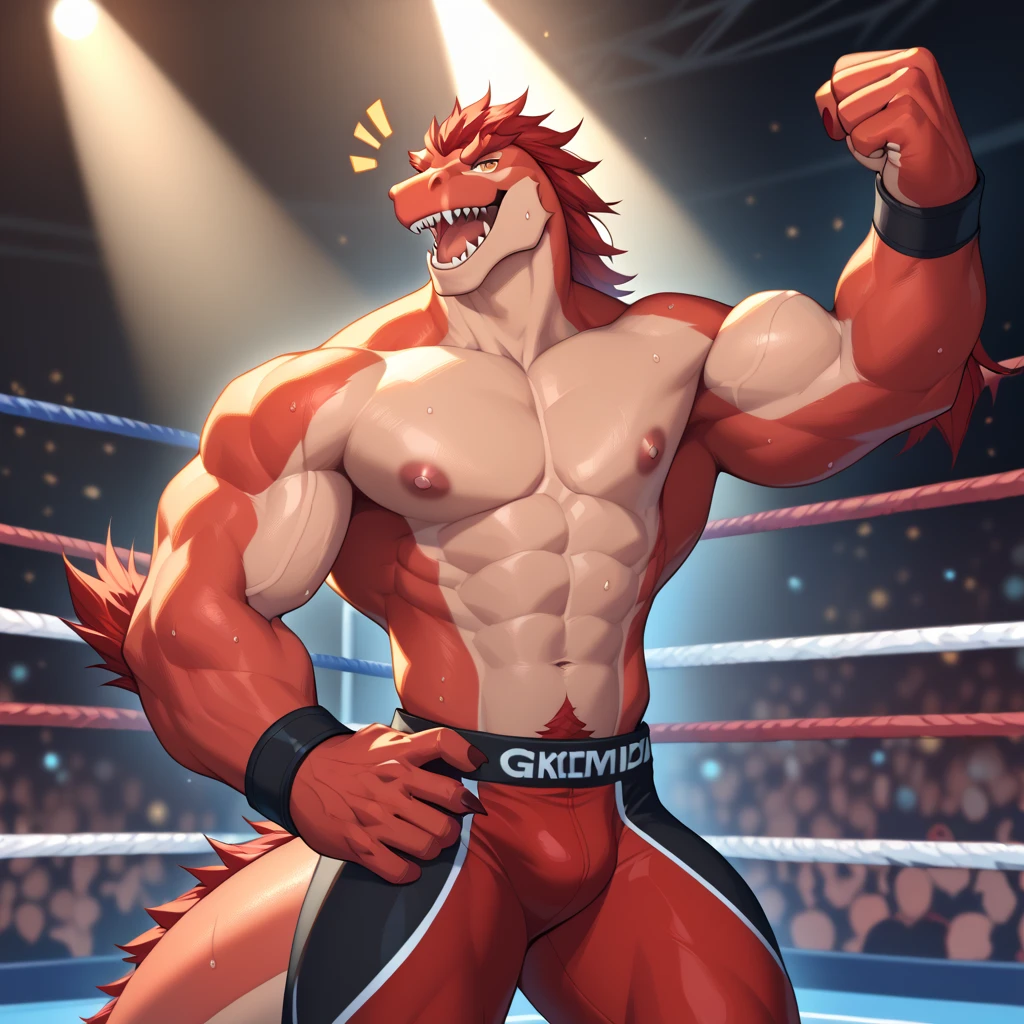 Push your audience down,(masterpiece,Highest quality,Very detailed,Perfect Anatomy),kemono,Sharp focus, From null-ghost,alone,Humanity,Muscular,pokemon,Incineroar,Beautiful eyes,naked,low angle,View your viewers,Beautiful room,erect penis,Get angry,Place hands on hips