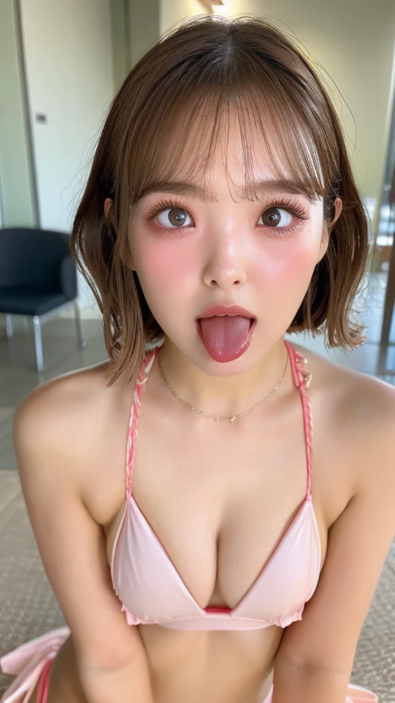 ((Best quality, 8k, Masterpiece :1.3)), sexy girl, beautiful woman with emphasis on plump abs: 1.3, full body, short hair, (big breasts: 1.8), ((red micro bikini)), ultra-delicate face, delicate eyes, double eyelids, smile, (tongue out), ahegao face