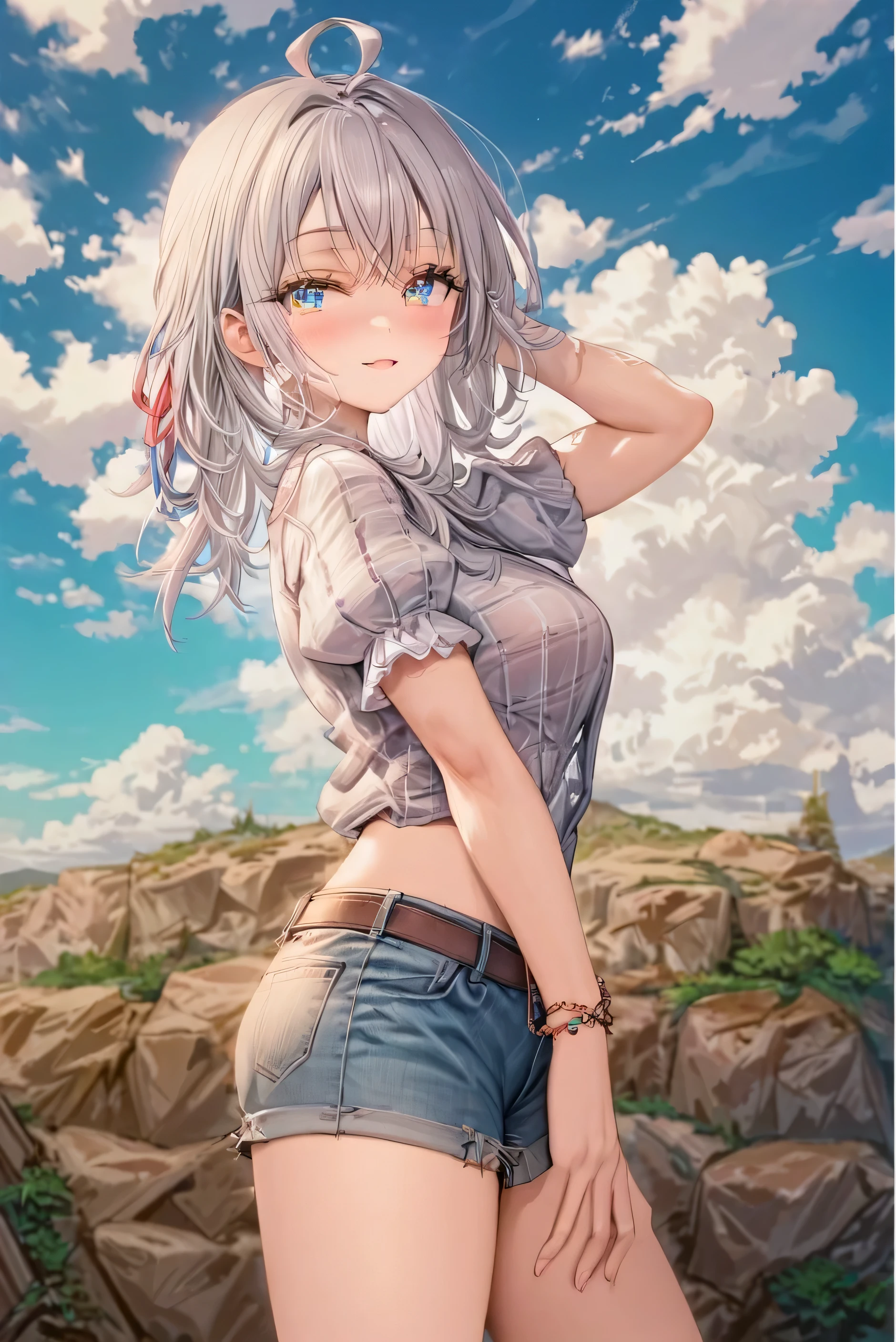 woman, Silver flowing short hair, Cosmic eyes, Beautiful sky, Beautiful clouds, In summer,Improve resolution