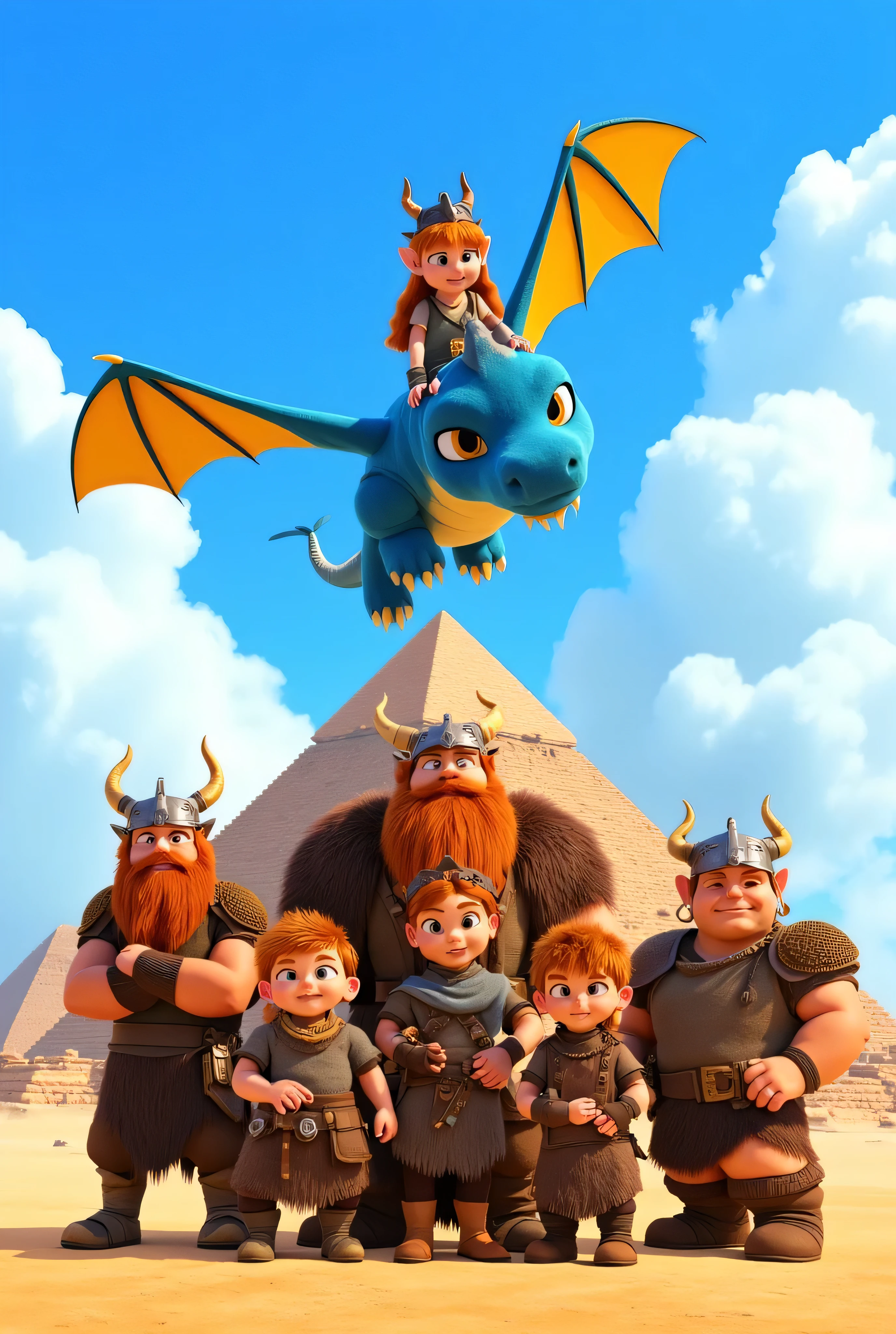 A group of animated characters, likely from the  franchise, are prominently featured in a promotional poster.  The main subject is a group of Viking-like figures, with a young boy, a girl, and three older boys, positioned in a slightly overlapping, horizontal formation.  All characters are Caucasian, appearing in their  or early  years. They are clad in simple, dark brown, and beige clothing reminiscent of Viking attire; including tunics, leather-like garments, and  metal helmets.  Facial expressions are friendly and lively, with a variety of expressions.  The characters vary in body build, ranging from athletic to somewhat stocky, with varying levels of muscle definition. The characters are  standing together; some are carrying items in their hands.  In the background, a large blue dragon, with bright yellow wing details, soars through a light-blue sky with puffy white clouds. A young girl is seated on the dragon. The composition is relatively symmetrical, centered in the image with the main focus on the characters and their pose.  Colors are vibrant and cartoonish, with a bright sky blue background.  The style is animated, and the atmosphere is energetic and celebratory. which is also a prominent detail. The lighting is bright and even.  The perspective is a slightly elevated full-body view of the characters. In the background are the pyramids of Giza.