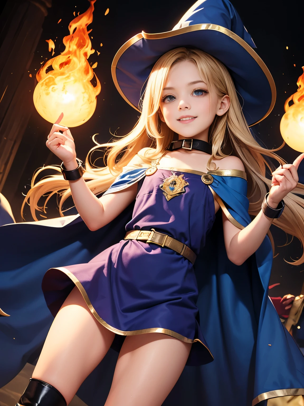 ((Surrealism, retina, masterpiece, accurate, anatomically correct, super detail, best quality, 8k, extremely precise in every detail, beautiful detailed glow, beautiful attention to detail, beautiful detailed eyes)), a young girl is shooting a fire-ball magic, skinny body, (flat chest like a boy:1.4), long blonde hair, (wearing a short navy blue dress with red apron decorated with gold:1.2), (wearing a navy cloak with fur on the collar over the navy blue dress:1.2), wearing a embellished navy short boots and a pirate hat, ((anatomically correct fingers, anatomically correct hands:1.4)), female school Wizard, Half Summoner, Alchemist Girl, Preschool Wizard, Epic Magical Girl Character, JRPG characters art, Young Female Wizard, High definition official artwork, Female preschool Wizard, Bright Witch, Beautiful Wizard, smiling, accompanying by a large firebird, Flame magician girl!!