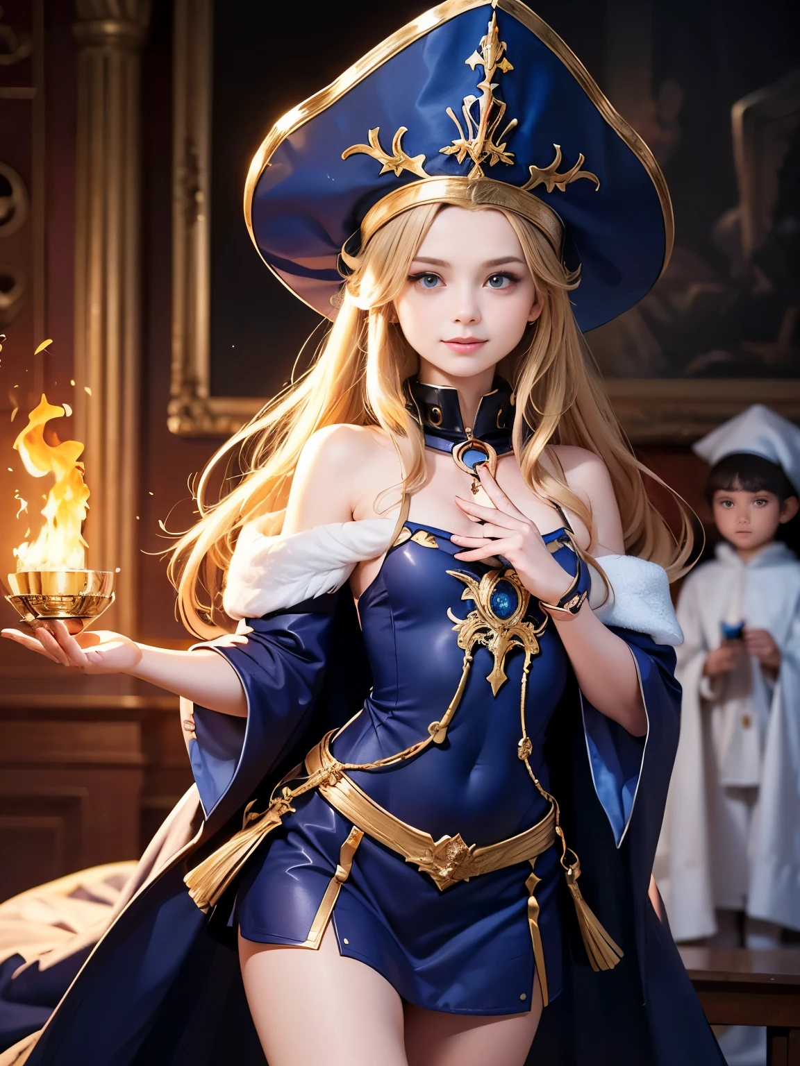 ((Surrealism, retina, masterpiece, accurate, anatomically correct, super detail, best quality, 8k, extremely precise in every detail, beautiful detailed glow, beautiful attention to detail, beautiful detailed eyes)), a young girl is shooting a fire-ball magic, skinny body, (flat chest like a boy:1.4), long blonde hair, (wearing a short navy blue dress with red apron decorated with gold:1.2), (wearing a navy cloak with fur on the collar over the navy blue dress:1.2), wearing a embellished navy short boots and a pirate hat, ((anatomically correct fingers, anatomically correct hands:1.4)), female school Wizard, Half Summoner, Alchemist Girl, Preschool Wizard, Epic Magical Girl Character, JRPG characters art, Young Female Wizard, High definition official artwork, Female preschool Wizard, Bright Witch, Beautiful Wizard, smiling, accompanying by a large firebird, Flame magician girl!!