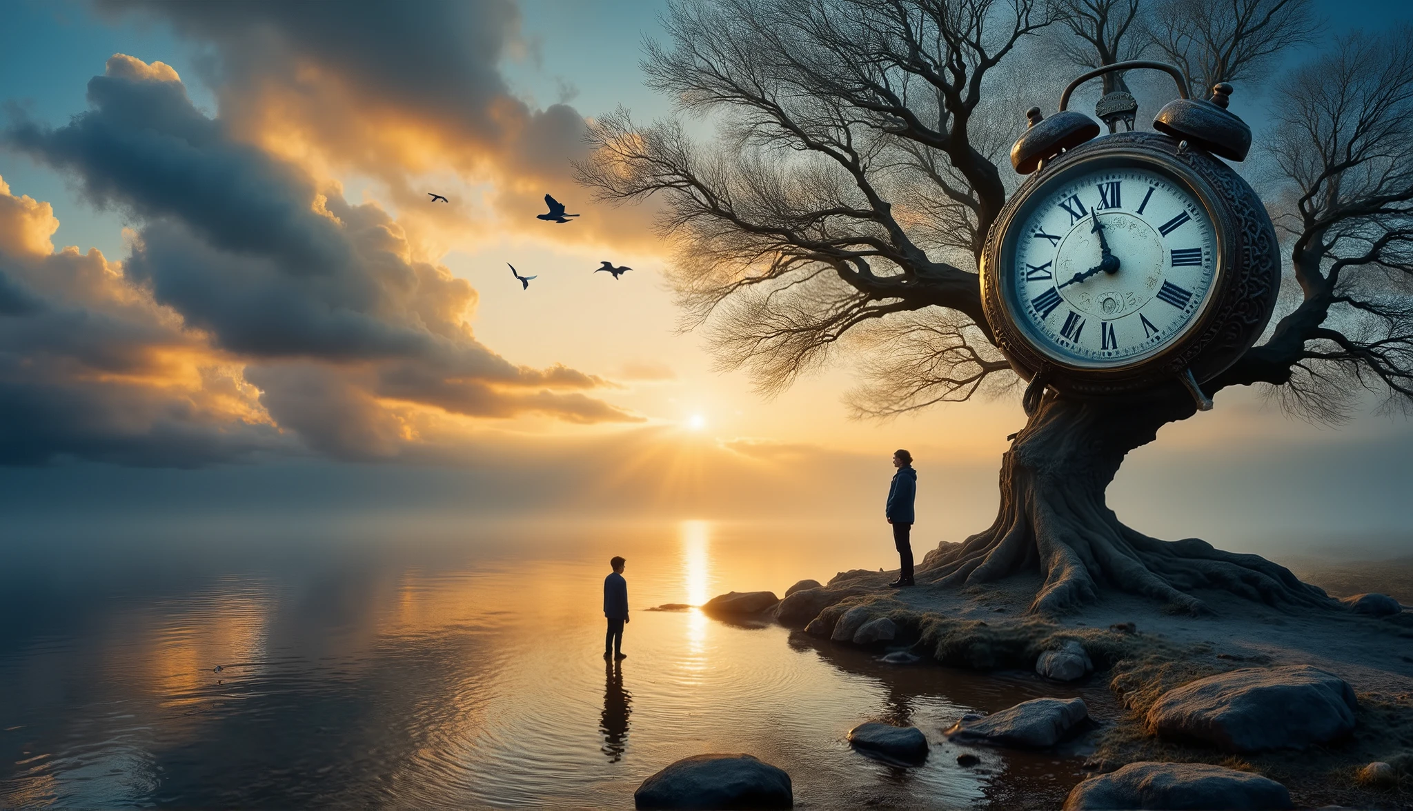 a surreal landscape that blends elements of time and nature. In the foreground, a figure stands near the edge of a tranquil body of water, gazing thoughtfully towards a large, ornate clock that is integrated into a gnarled tree. The clock features intricate designs and Roman numerals, symbolizing the passage of time. The background is awash with vibrant hues of orange, blue, and purple, suggesting either dawn or dusk, while whimsical clouds and silhouettes of birds fly through the sky. The reflections on the water mirror the colors and shapes, enhancing the dreamlike quality. The overall composition evokes feelings of introspection and wonder, inviting viewers to contemplate their own relationship with time and nature.