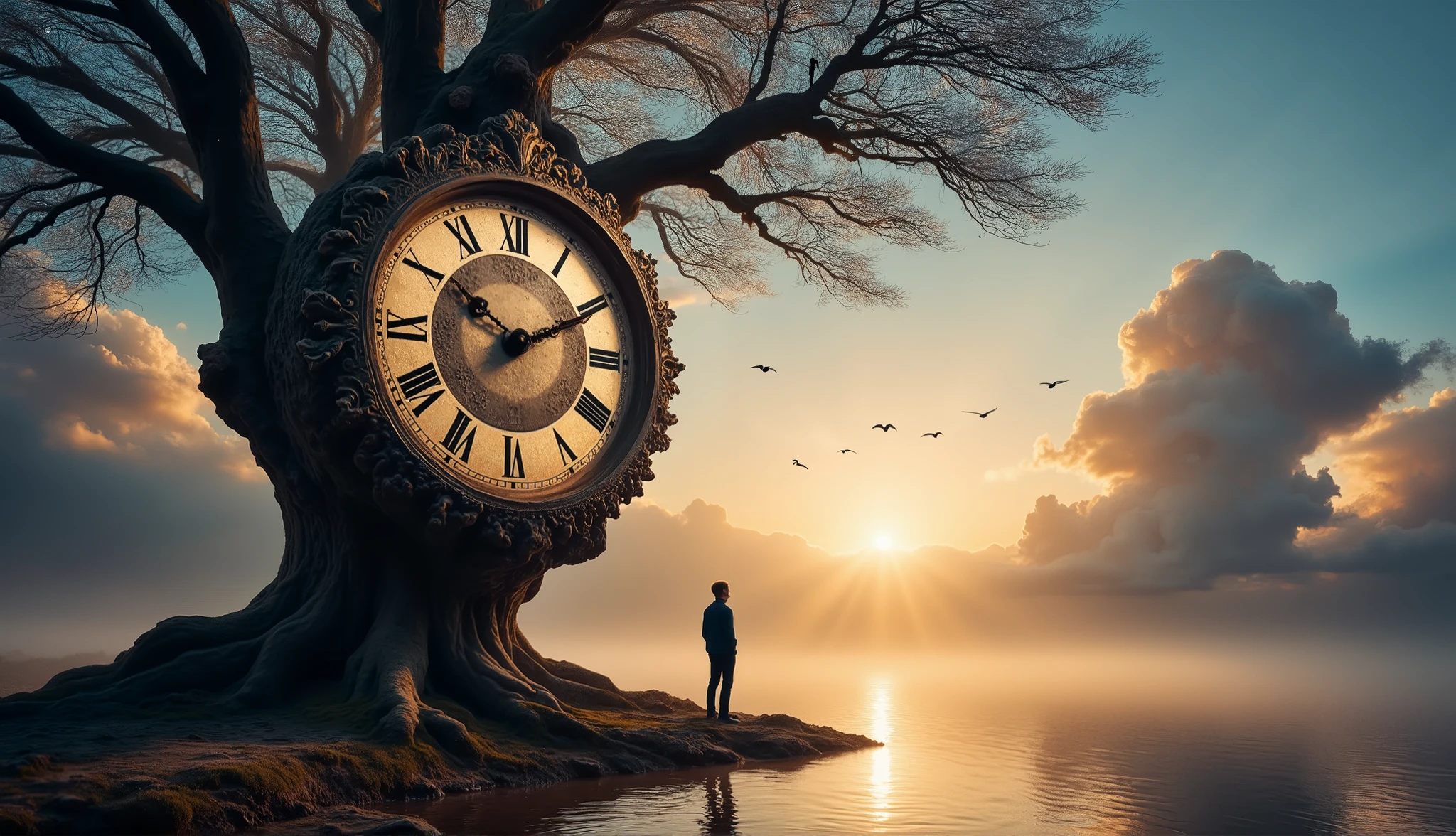 a surreal landscape that blends elements of time and nature. In the foreground, a figure stands near the edge of a tranquil body of water, gazing thoughtfully towards a large, ornate clock that is integrated into a gnarled tree. The clock features intricate designs and Roman numerals, symbolizing the passage of time. The background is awash with vibrant hues of orange, blue, and purple, suggesting either dawn or dusk, while whimsical clouds and silhouettes of birds fly through the sky. The reflections on the water mirror the colors and shapes, enhancing the dreamlike quality. The overall composition evokes feelings of introspection and wonder, inviting viewers to contemplate their own relationship with time and nature.