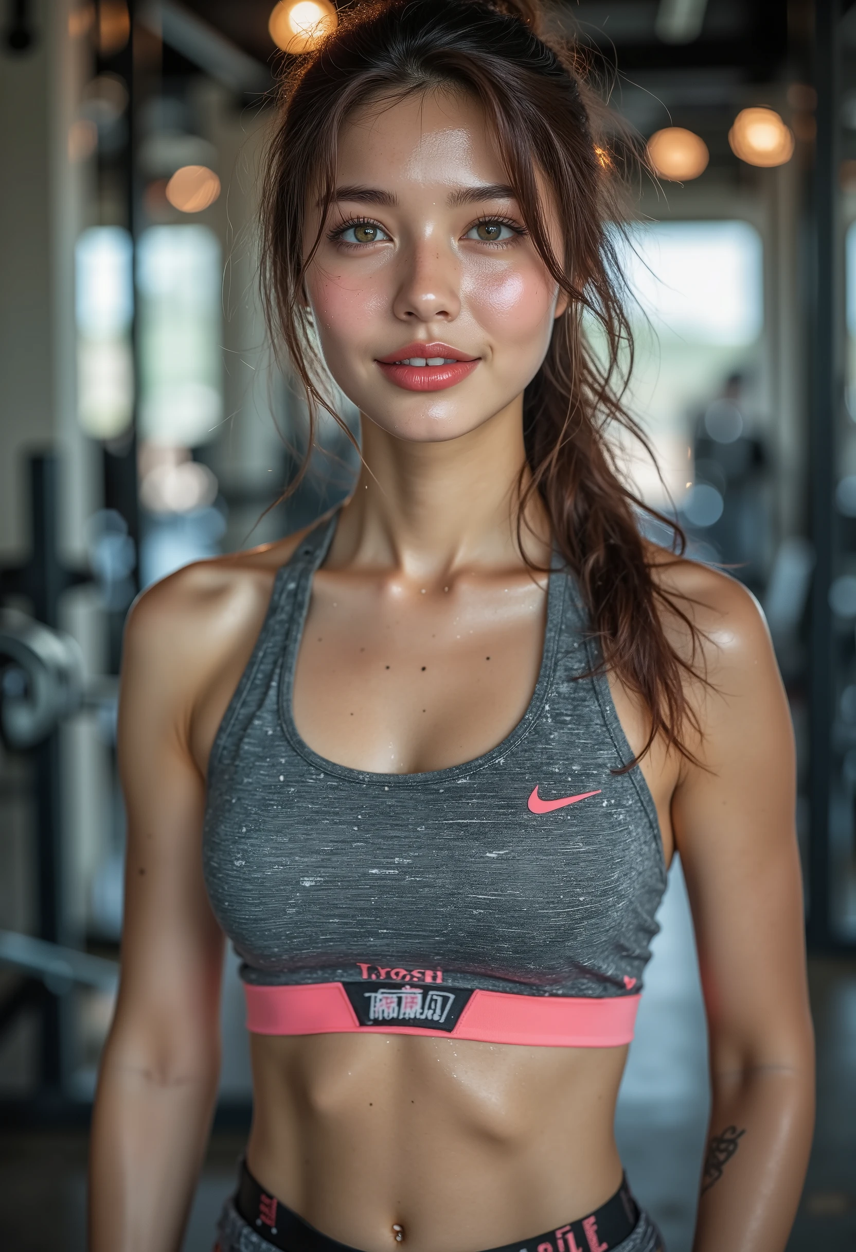 MadZie3v, 22 years old, inside a gym, smiling, slender, pale, (gym clothes), ((slim, petite)), toned stomach, photorealistic, photo, masterpiece, realistic, realism, photorealism, high contrast, photorealistic digital art trending on Artstation 8k HD high definition detailed realistic, detailed, skin texture, hyper detailed, realistic skin texture, armature, best quality, ultra high res, (photorealistic:1.4),, high resolution, detailed, raw photo, sharp re, by lee jeffries nikon d850 film stock photograph 4 kodak portra 400 camera f1.6 lens rich colors hyper realistic lifelike texture dramatic lighting unrealengine trending on artstation cinestill 800
