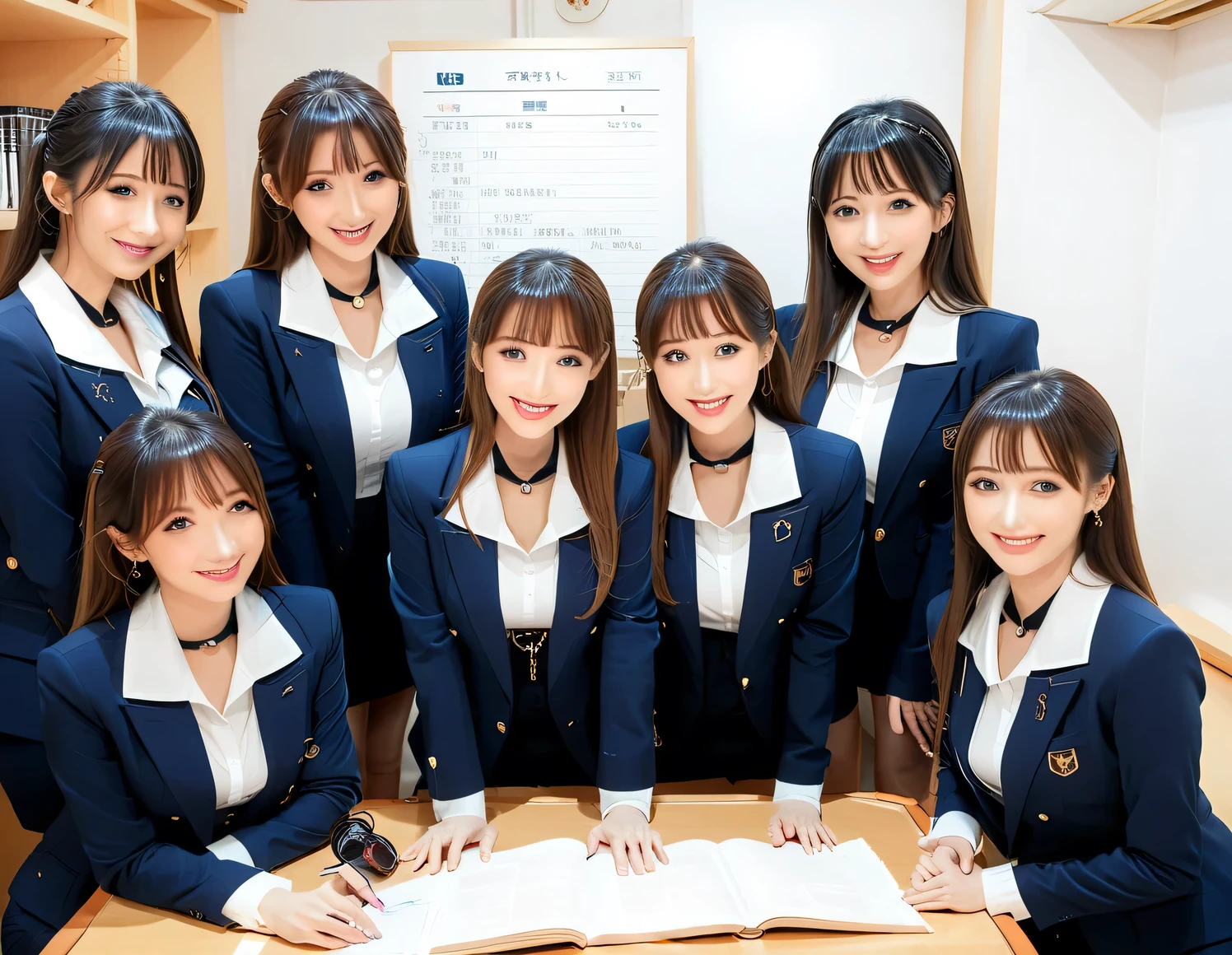 score_8up , score_9, Group Photos, Group photo, beautiful たち who are relative, Submissive woman, happy expression , (( white tight shirt、 Navy Blue Blazer )), Orthodox clothing, announcer、 adorable by design, smile, Slim face, has a slim body, straight long hair , brown hair, sexy, perfect hand, black choker、 blue contact lenses 、bangs、Very thick and long eyelashes、(( big breasted)), Big Breasts, Natural Cosmetics, anatomically accurate, lounge, During a meeting,Manuscript on the table、 announcer