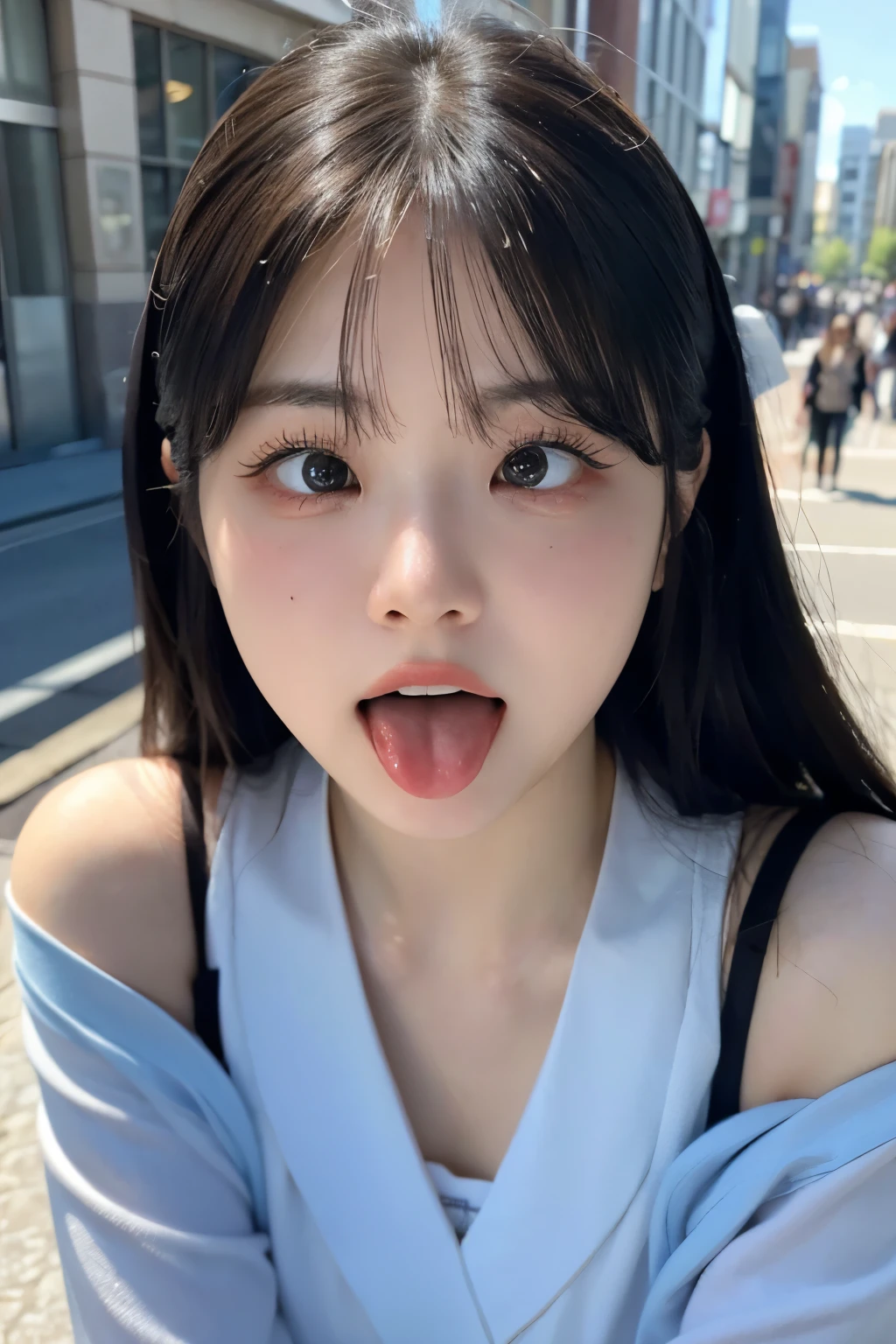 one woman, Japanese actress, (She opens her mouth wide:1.6), she looks up at the sky, (POV:1.2), composition looking down on her, Composition of the camera shooting from above, On the bustling street, in the crowd , Close-up of face , masterpiece, highres, high-resolution, 8k,8k portrait , realistic, RAW photo, real person, portrait photography, photo realistic, detailed skin, (best quality, Ultra detailed: 1.2), 