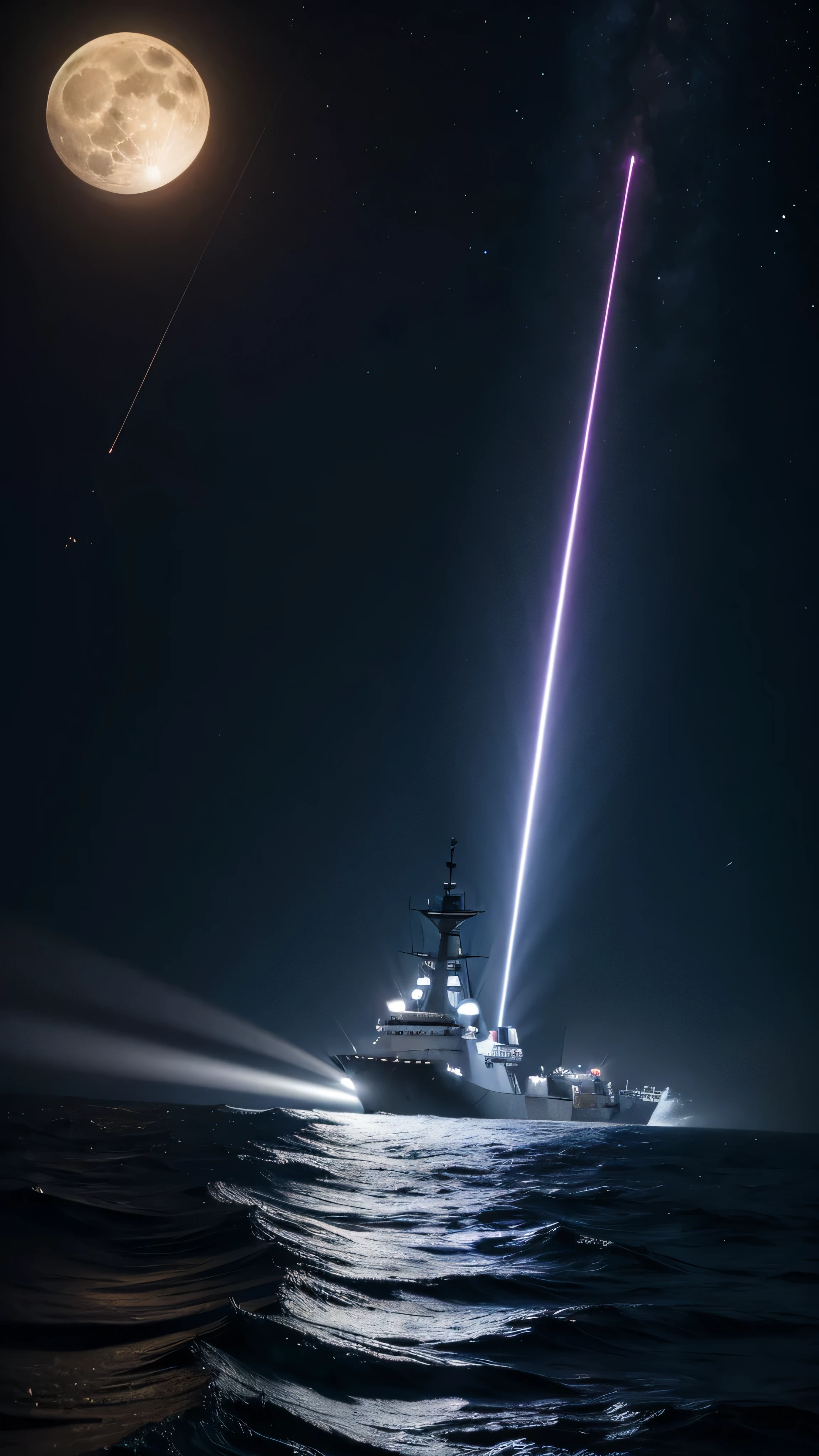 in high-definition images、 sea at dawn where you can see the Milky Way galaxy , Aegis、(Aegis System ( Arleigh Burke Class Aegis Destroyer with Aegis Weapons System : AWS)Arleigh Burke class Aegis destroyer equipped with、) Clear sky and endless sea , The height of the waves is 3 meters , Full moon floating in a bright sky , Phased Array Radar , Aegis emits laser light、 , laser light like lightning 、 Unreal Engine , cinematic lighting, Supernatural, 真ん中の Aegis、