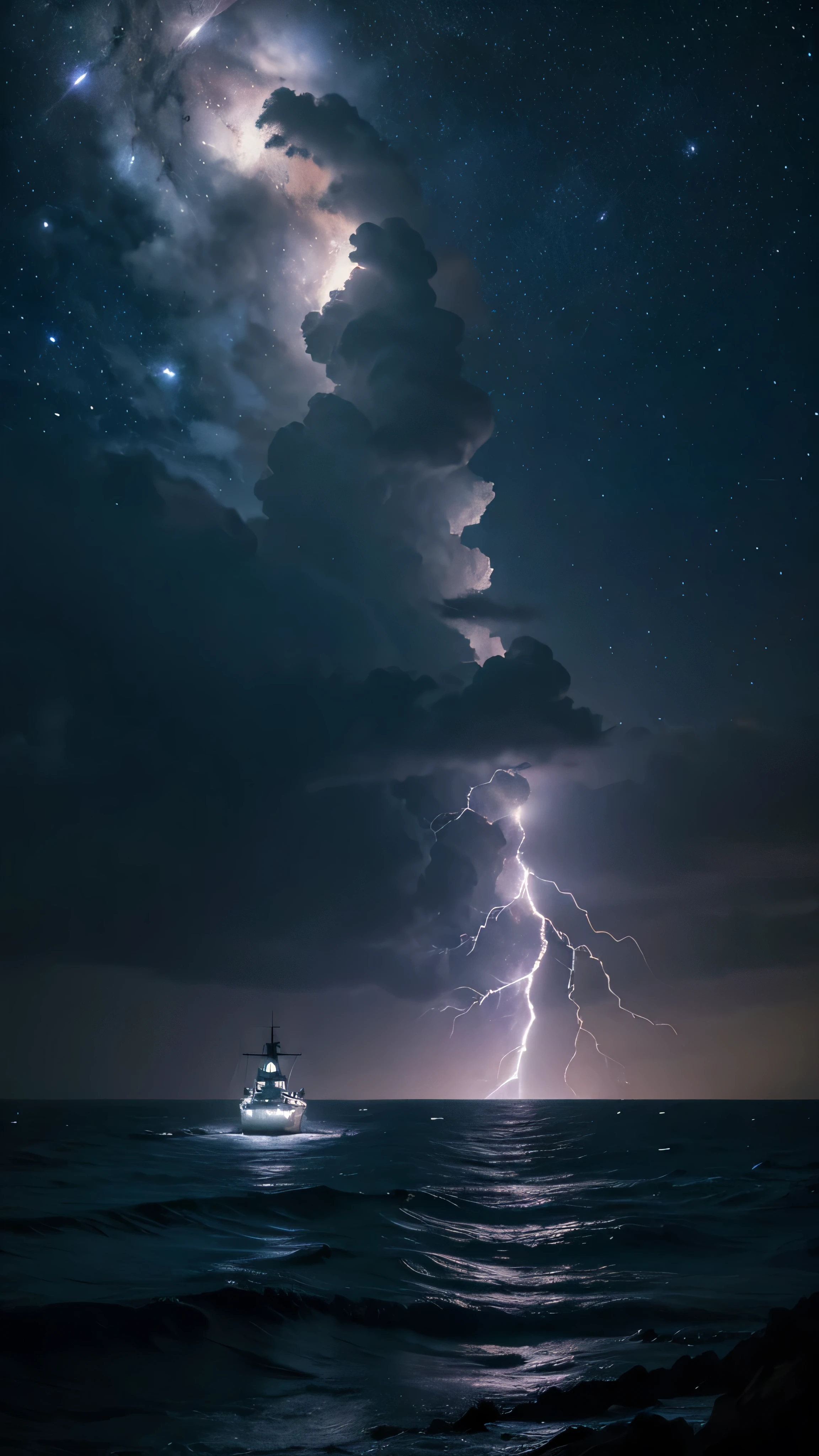  in high-definition images、   night sky with a view of the Milky Way galaxy  , Aegis、   Arley Burke class Aegis destroyer、   Clear sky and endless sea    ,    The height of the waves is 3 meters   ,   Full Moon in the Sky  ,    Aegis ship    ,    Aegis was struck by lightning   ,Lightning attack 、  Unreal Engine ,   cinematic writing,   Supernatural, 真ん中の Aegis、