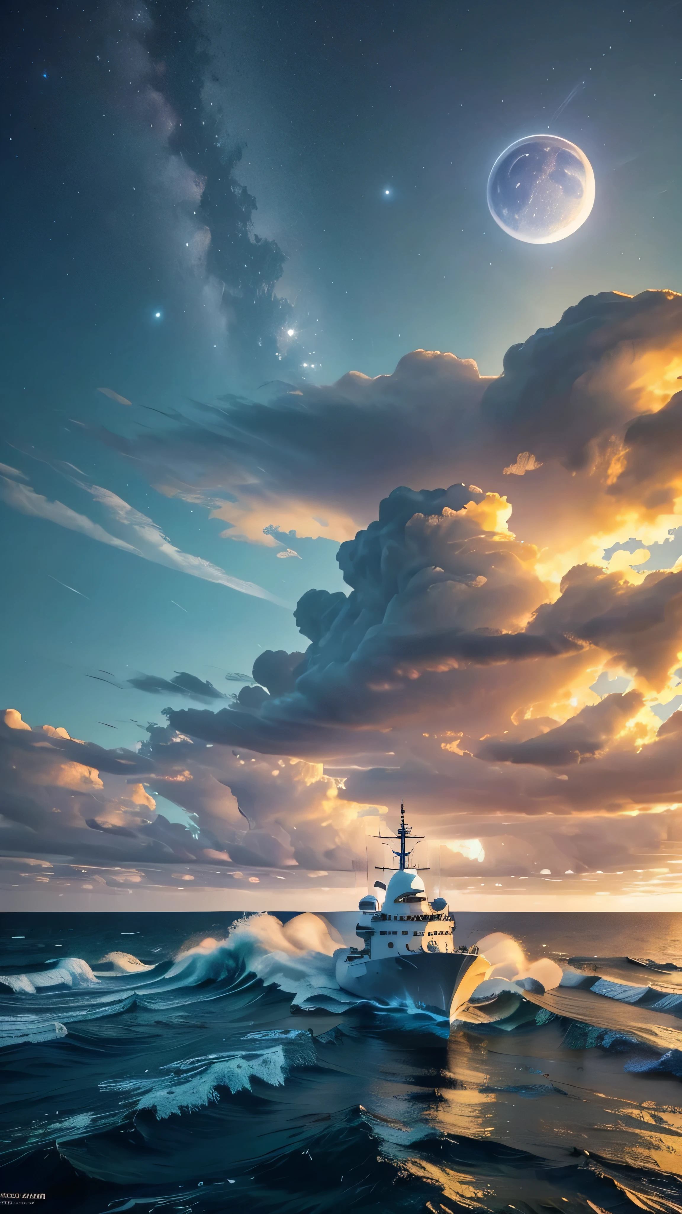  in high-definition images、  sea at dawn where you can see the Milky Way galaxy  , Aegis、  Arley Burke class Aegis destroyer、  Clear sky and endless sea  ,  The height of the waves is 3 meters  , Full moon floating in a bright sky  ,  Aegis ship  ,  Aegis emits laser light、 , laser light like lightning 、  Unreal Engine ,  cinematic lighting,  Supernatural, 真ん中の Aegis、