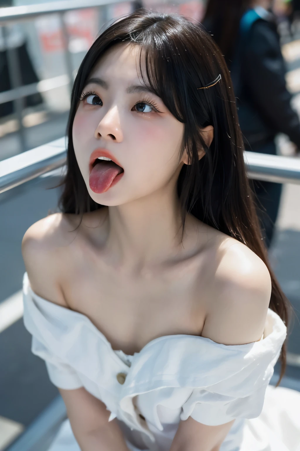one woman, Japanese actress, (She opens her mouth wide:1.6), she looks up at the sky, (POV:1.2), composition looking down on her, Composition of the camera shooting from above, On the bustling street, in the crowd , Close-up of face , masterpiece, highres, high-resolution, 8k,8k portrait , realistic, RAW photo, real person, portrait photography, photo realistic, detailed skin, (best quality, Ultra detailed: 1.2),