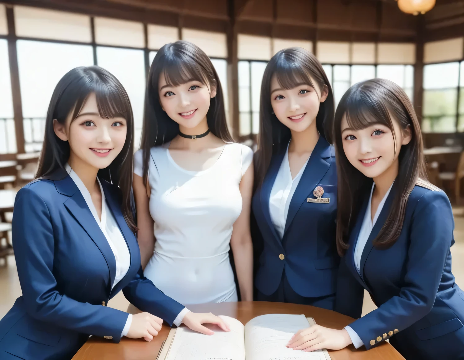 score_8up , score_9, Group Photos, Group photo, beautiful たち who are relative, Submissive woman, happy expression , (( white tight shirt、 Navy Blue Blazer )), Orthodox clothing, announcer、 adorable by design, smile, Slim face, has a slim body, straight long hair , brown hair, sexy, perfect hand, black choker、 blue contact lenses 、bangs、Very thick and long eyelashes、(( big breasted)), Big Breasts, Natural Cosmetics, anatomically accurate, lounge, During a meeting,Manuscript on the table、 announcer
