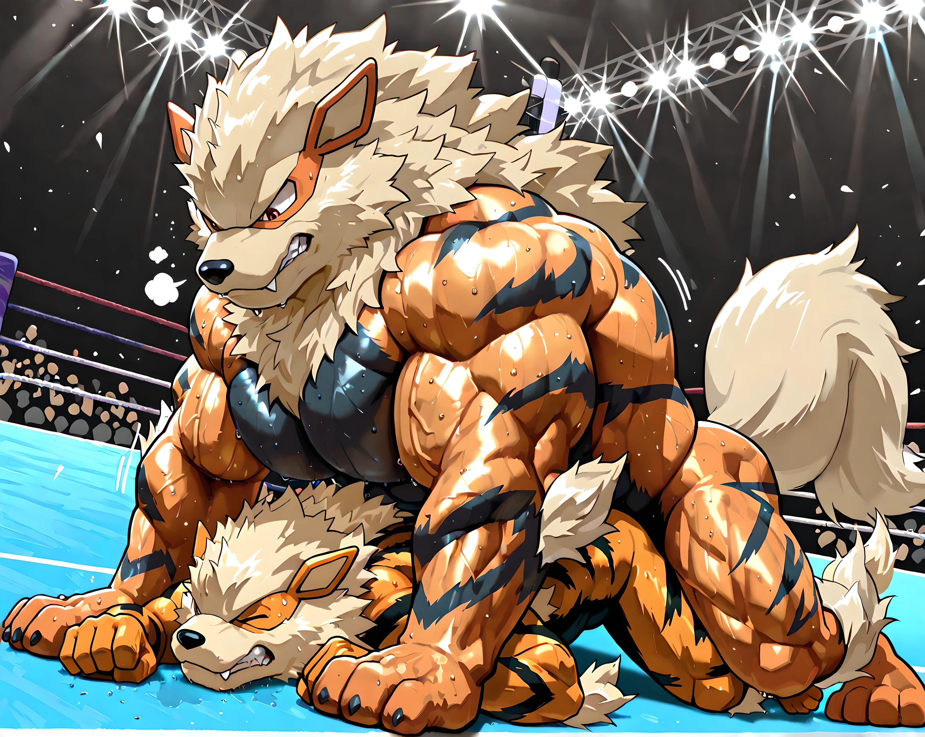 4k ultra quality, 4k, masterpiece quality, arcanine, wrestling, lying on floor, submission hold, (looking down, sweaty, thick arms, thick arm, tighten arm, pinned), pecs, muscular, male, two characters, multiple characters, bulging muscles, pained face, pain, struggling, legs around waist, feral, arcanine on top