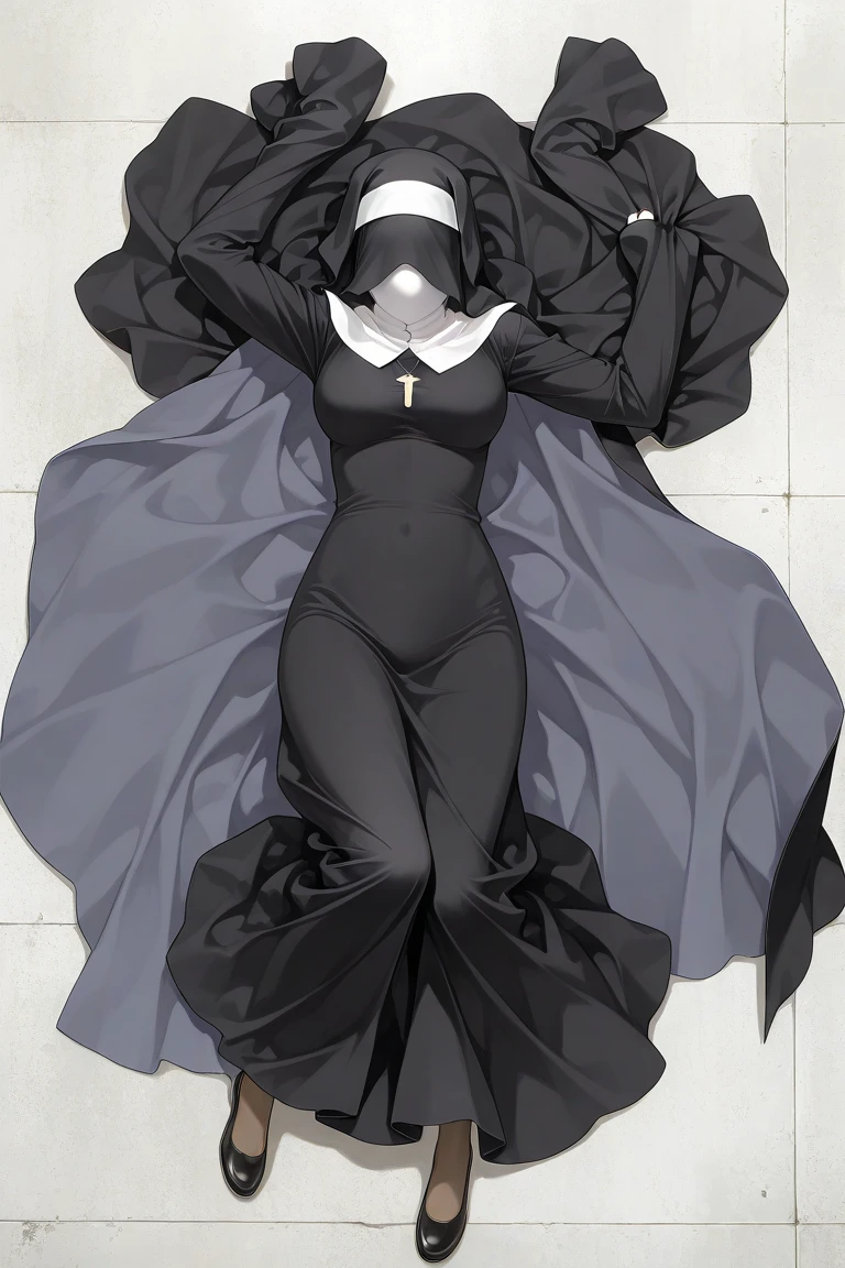 1 woman shows white panties lying on 1 horse that is on the bed, beautiful legs, beautiful black and white nun dress, white goo on top of the dress, medium breast, long dark hair, black eyes, beautiful hair ornament, shine , very high quality, exposed chest, bed with details, black sheet, visible nipples, pubic hair