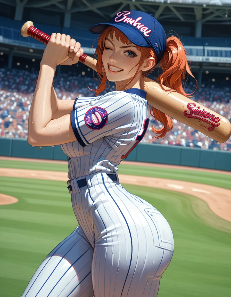 nar_terumi_mei, green eyes, hair over one eye, long hair, large breasts, cleavage, orange hiar, ponytail, beautiful, beautiful woman, perfect body, perfect breasts, wearing white baseball clothes, wearing a baseball cap, on the baseball field, being holding a baseball bat, looking at the viewer, smiling slightly, realism, masterpiece, textured skin, super detail, high detail, high quality, best quality, 1080p, 16k