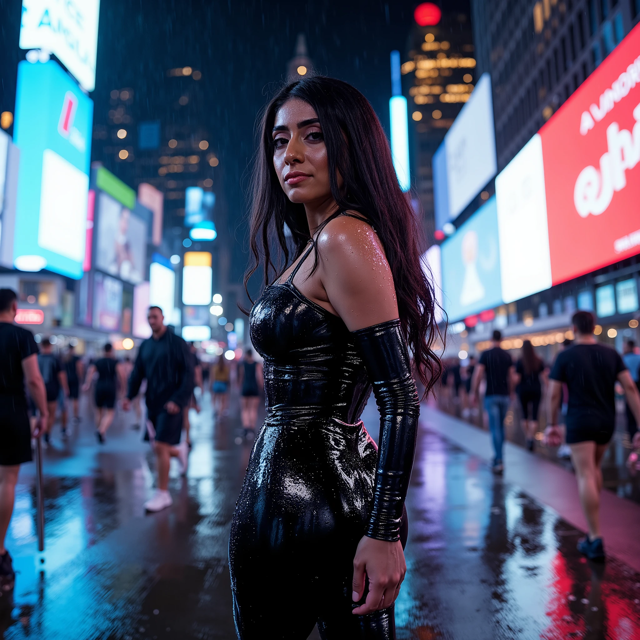 Cinematic nighttime photography of an urban scene in Times Square, New York, under a rainy and mysterious atmosphere. Wet ground reflects the vibrant lights of LED signs and billboards, creating a dynamic and futuristic visual effect. Color palette dominated by cool tones of blue and purple, contrasting sharply with the reds and yellows of the advertising panels. In the foreground, a beautiful woman with long dark hair, wearing a black latex one-piece catsuit, stands with confidence, her outfit glistening with rain droplets, facing away, looking at the observer. Some people walk down the street, dressed in dark clothes, reinforcing the feeling of a city in constant movement. Strong lighting and reflections on the ground add to the drama of the composition, visually captivating and immersive