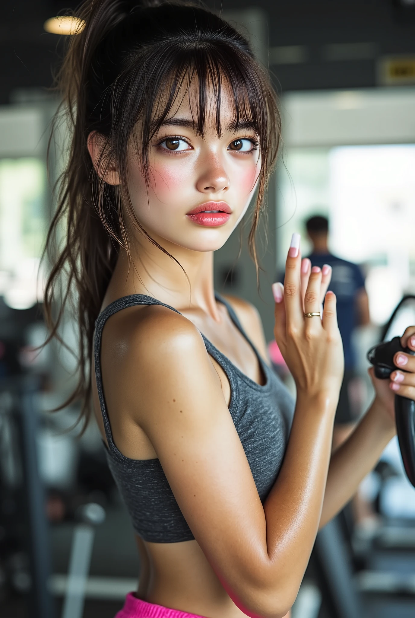 (Canon), (EOS R5), (50mm), ((( Photorealistic :1.5))), (No lens flare :1.5), ((超 Hi-Res)), ( Masterpiece),  accurate,( by Nomiな質感の肌),  super detailed,  high detail on the face,  high quality ,  Award-winning work , 最 high quality, 32K,  depth of field on the shoulder,  digital camera,  Award-Winning Glamour Photos ,  professional lighting,(SFW), ((最 high quality:1.5)), (( Masterpiece:1.5)), (( by Nomi)),  Hi-Res, by Nomiな影, Roughness, Real Life,(( A Very Beautiful and Cute Japanese Woman :1.5)), (( cute Japanese top idol )), (( upper body shot from head to knee :1.8)), ((Upper body shot above the knee seen obliquely from the front :1.5)), ( Upper body shot above the knee seen from the side :1.2),  ((20 year old cute Japanese college girl )),  1 girl, (( A Very Cute and Cool Athlete )), (((豪華な設備やマシンが整備されたfitness gymでの撮影))), ( Muscular Slim Body ), (( Muscular, toned stomach and belly button visible :1.8)), (( grey short tank top with pink edging with lots of sweat and pink logo on left chest:1.8)), ( gray sweatpants ), (sweaty big breasts), (( Sweaty Body)), (( sweaty hair)), ( I'm sweating a lot ), (( showing a sweaty underarm :1.5)), ((grey short tank top with sweaty pink border and pink logo on left chest )), (Sweaty brown ponytail ), (Sweat running down my forehead),  big bust, fitness gym,  happy face, I have , (( improve the beauty of skin texture:1.5)),  Perfect Fit Gym Wear, Attractive cuteness ,  seductive pose holding hands, Height: 160cm,  slim figure, 綺麗な形の big bust, F Cup, ((( Pretty Sweaty Cleavage :1.5))), (( very cute smile with slightly visible teeth :1.5)), ( alone:1.5), ( Securing Accurate Human Body Structure and Balance ), ( show your hands as little as possible ), ( brown eyes:1.9), ( Detailed depiction of extremely realistic skin ), (Highly detailed, realistic eyes:1.9), ( extremely beautiful long realistic eyelashes ), (Highly detailed, realistic eyebrows), (丸い brown eyes :1.8), ( beautiful catchlight on the eyes), (Realistic lips with moisture ), ( white realistic teeth neatly arranged ), ( Beautiful and Detailed Face :1.6), ( hourglass figure :1.6), (Wasp waist :1.5), ( Perfectly round and beautifully shaped bust :1.8), ( clearly contoured cheekbones  :1.5), ( perfect style body  :1.8), (Healthy body :1.8), (Narrow shoulders:1.9), ( viewer), ( captivating gaze), (Beautiful, natural-looking hands), ( Beautiful Natural Nails with a Beautiful Length ), (The groin is nice and smooth), (My armpit is clean and smooth ), Accurate hand shape, Accurate finger shape ,  leg shape accurate ,  foot shape accurate,  accurate指の本数, Eliminate extra hands ,  Eliminate extra arms ,  Eliminate extra legs ,  Eliminate extra legs ,  Eliminate extra fingers , Eliminate fingers that are too long ,  accurate人体の構造とバランスの確保, (( show your hands as little as possible )), ((Show off your legs as little as possible :1.2)), Bright dynamic lighting ,