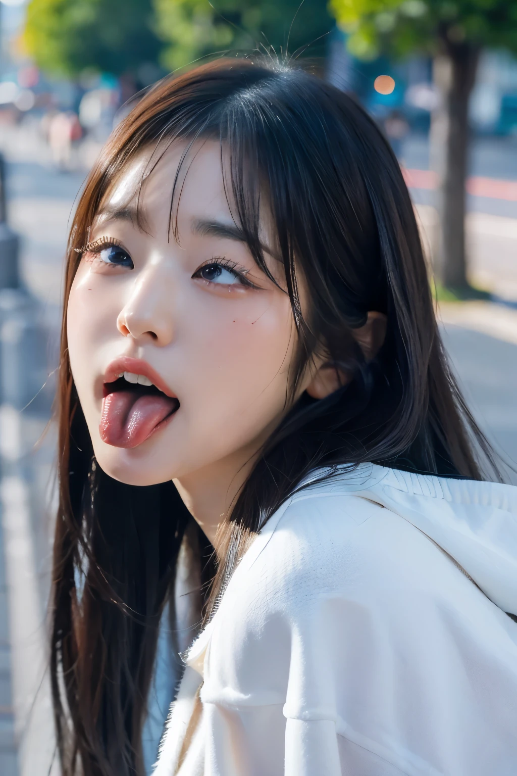 one woman, Japanese actress, (She opens her mouth wide:1.6), she looks up at the sky, (POV:1.2), composition looking down on her, Composition of the camera shooting from above, On the bustling street, in the crowd , Close-up of face , masterpiece, highres, high-resolution, 8k,8k portrait , realistic, RAW photo, real person, portrait photography, photo realistic, detailed skin, (best quality, Ultra detailed: 1.2),