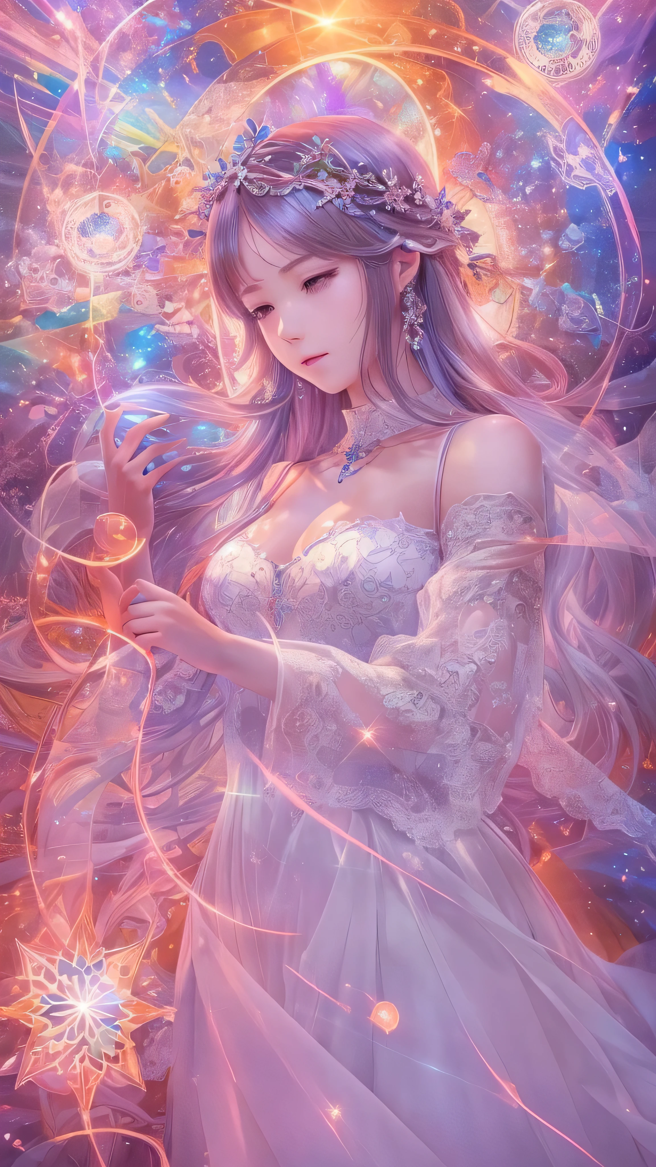 ( masterpiece, top quality, top quality, Official Art, ),( 1 GIRL and GLASS OBJECT ), 1 girl、beautiful woman in a white dress 、Glass, Laser beam, light transmission Glass is large、 vibrant colors, intricate design , Glowing effect, Spiritual Atmosphere