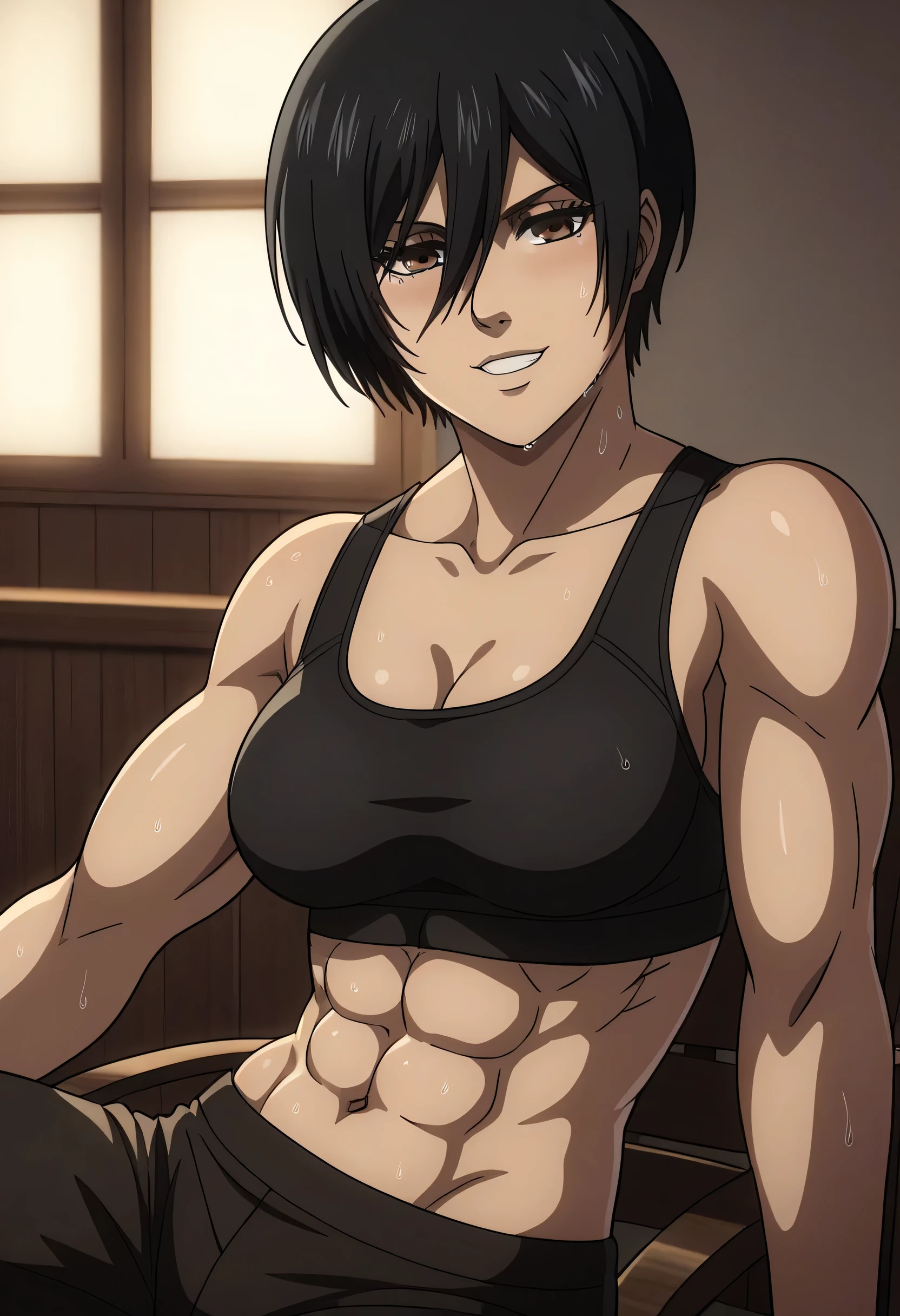 score_9, score_8_up, score_7_up, BREAK source_anime, mikasa ackrman, grey eyes, black hair, short hair, medium breasts,Mikasa wreanig black tight sport  Elastic  fiber  bra and black sport modern shorts,mikasa with good looking body,perfect lighting,mikasa final season design,mikasa mappa version,sitting on  chair, Perfect generation,mikasa boy hairstyle,mikasa season 4 version,attack on titan graphics,in night,HD wallpaper,perfect colors,pixie cut hairstyle,fighting face,,wet body,mikasa flat stomach,mikasa only six-pack,normal body size,anime style,tone six-pack,attack on titan season 4 style,upper body,close review to character,bra design  as tank top, mikasa handsome face,in bedroom,light trun off in room,mikasa alone in room,solo,1girl, serratus anterior muscles,Qblique muscles,female navel,teeth appear at smile,too white skin,short appear in mikasa pants,Mikasa muscles lines detailed,l,hand laying on side chair,choza sitting,reviewing from side mikasa,too close to character review,.,wet hair,Neat and shiny hair,Attractive towards women,perfect fixing,workout