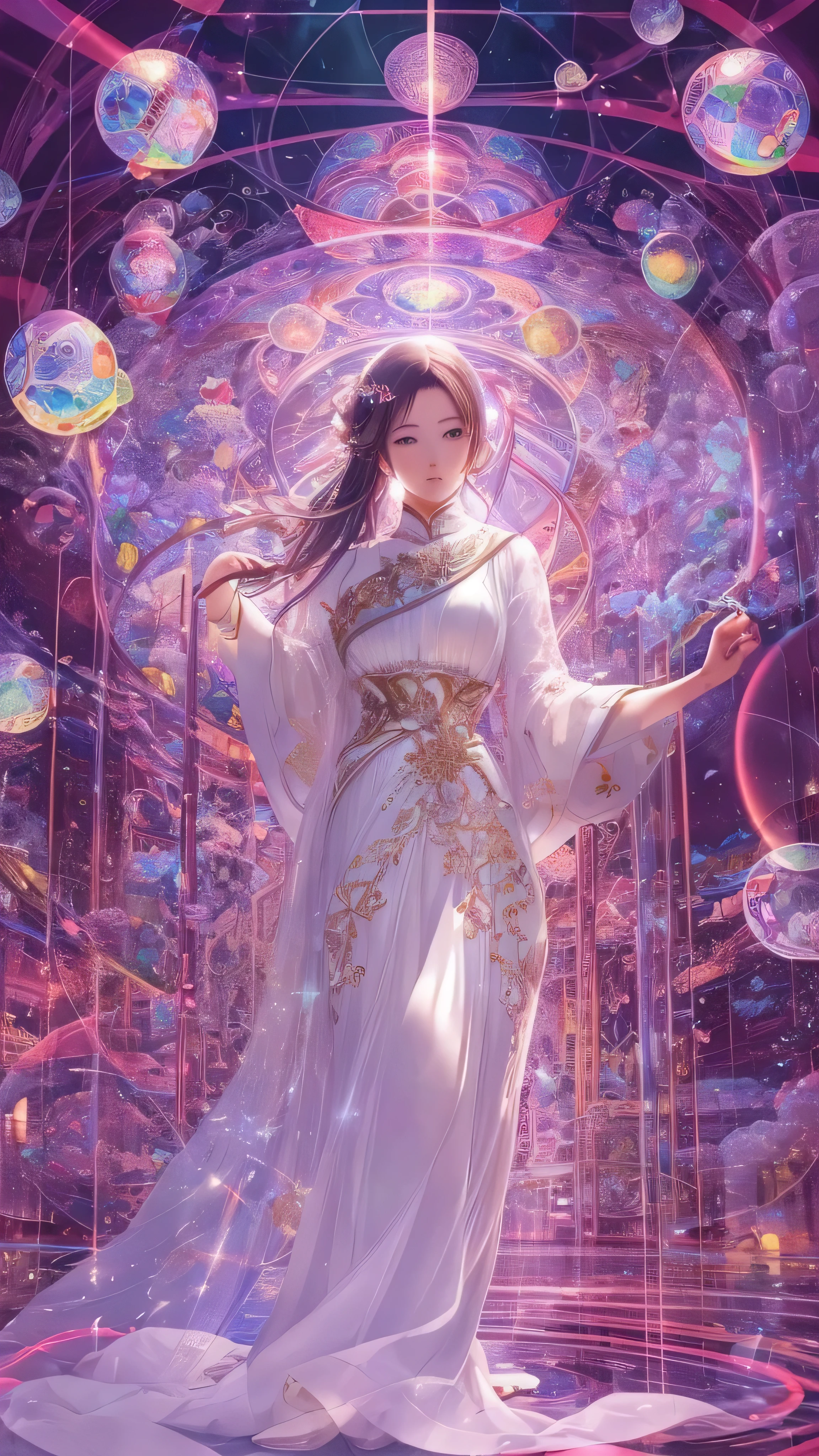 ( masterpiece, top quality, top quality, Official Art, ),( 1 GIRL and GLASS OBJECT ), 1 girl、beautiful woman in a white dress 、Glass, Laser beam, light transmission Glass is large、 vibrant colors, intricate design , Glowing effect, Spiritual Atmosphere