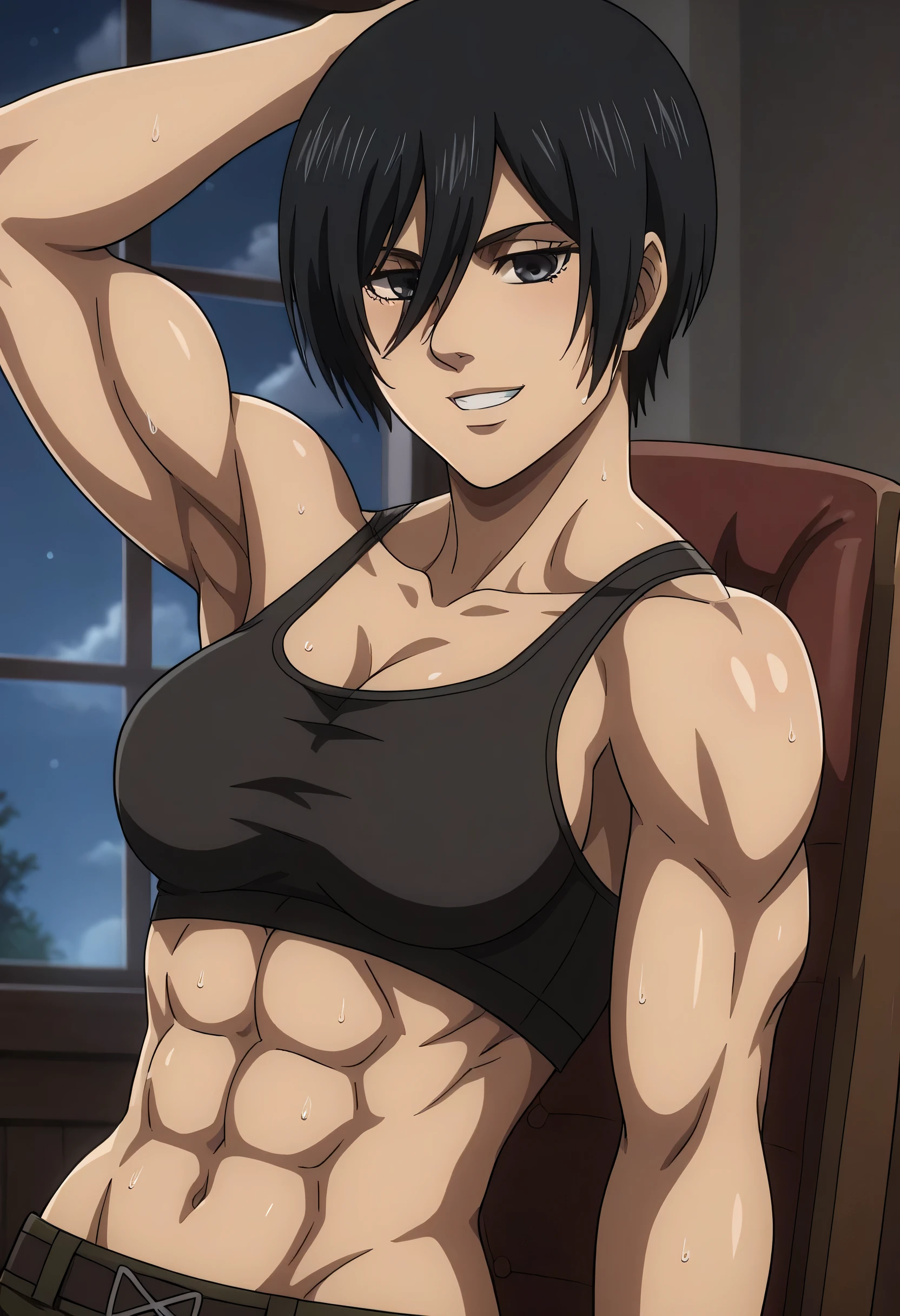 score_9, score_8_up, score_7_up, BREAK source_anime, mikasa ackrman, grey eyes, black hair, short hair, medium breasts,Mikasa wreanig black tight sport  Elastic  fiber  bra and black loose military trousers,mikasa with good looking body,perfect lighting,mikasa final season design,mikasa mappa version,sitting on  chair, Perfect generation,mikasa boy hairstyle,mikasa season 4 version,attack on titan graphics,in night,HD wallpaper,perfect colors,pixie cut hairstyle,fighting face,,Sweat body,mikasa flat stomach,mikasa only six-pack,normal body size,anime style,tone six-pack,attack on titan season 4 style,upper body,close review to character,bra design  as tank top, mikasa handsome face,in bedroom,light trun off in room,mikasa alone in room,solo,1girl, serratus anterior muscles,Qblique muscles,female navel,teeth appear at smile,too white skin,fixing graphics,mikasa laying her head in own upper shoulder,Matching muscles with mikasa apprance 