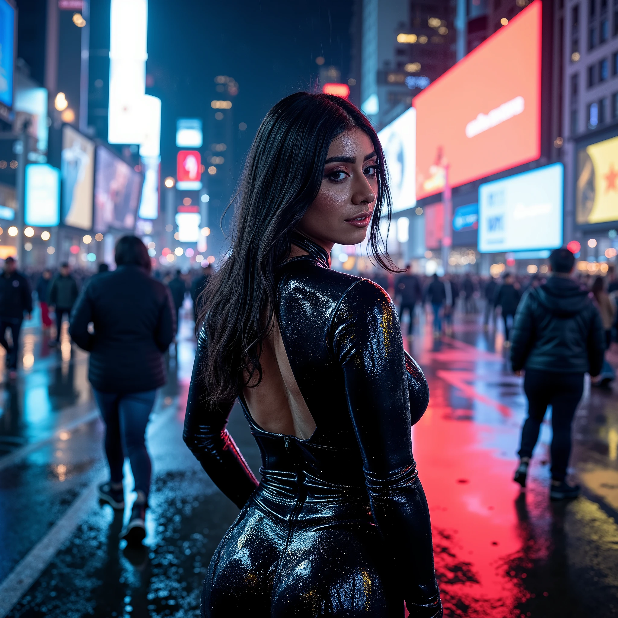 Cinematic nighttime photography of an urban scene in Times Square, New York, under a rainy and mysterious atmosphere. Wet ground reflects the vibrant lights of LED signs and billboards, creating a dynamic and futuristic visual effect. Color palette dominated by cool tones of blue and purple, contrasting sharply with the reds and yellows of the advertising panels. In the foreground, a beautiful woman with long dark hair, wearing a black latex one-piece catsuit, stands with confidence, her outfit glistening with rain droplets, facing away, looking at the observer. Some people walk down the street, dressed in dark clothes, reinforcing the feeling of a city in constant movement. Strong lighting and reflections on the ground add to the drama of the composition, visually captivating and immersive