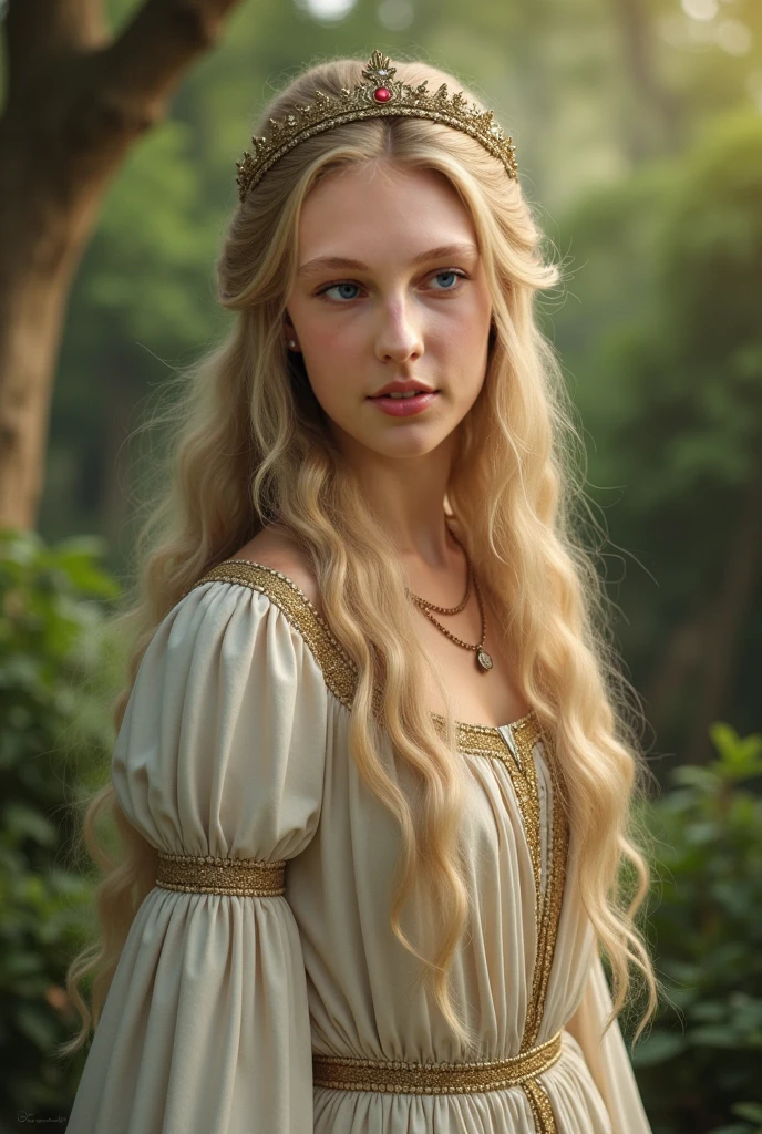 England, 1337. A young ((((25-year-old)) Elizabeth Clerk)), thin, pale, beautiful, watching a piece or art, outdoors, ((admiration expression)). ((((clothings from the 1300s, gown)))), ((blond curly hairstyle of the 1300s))