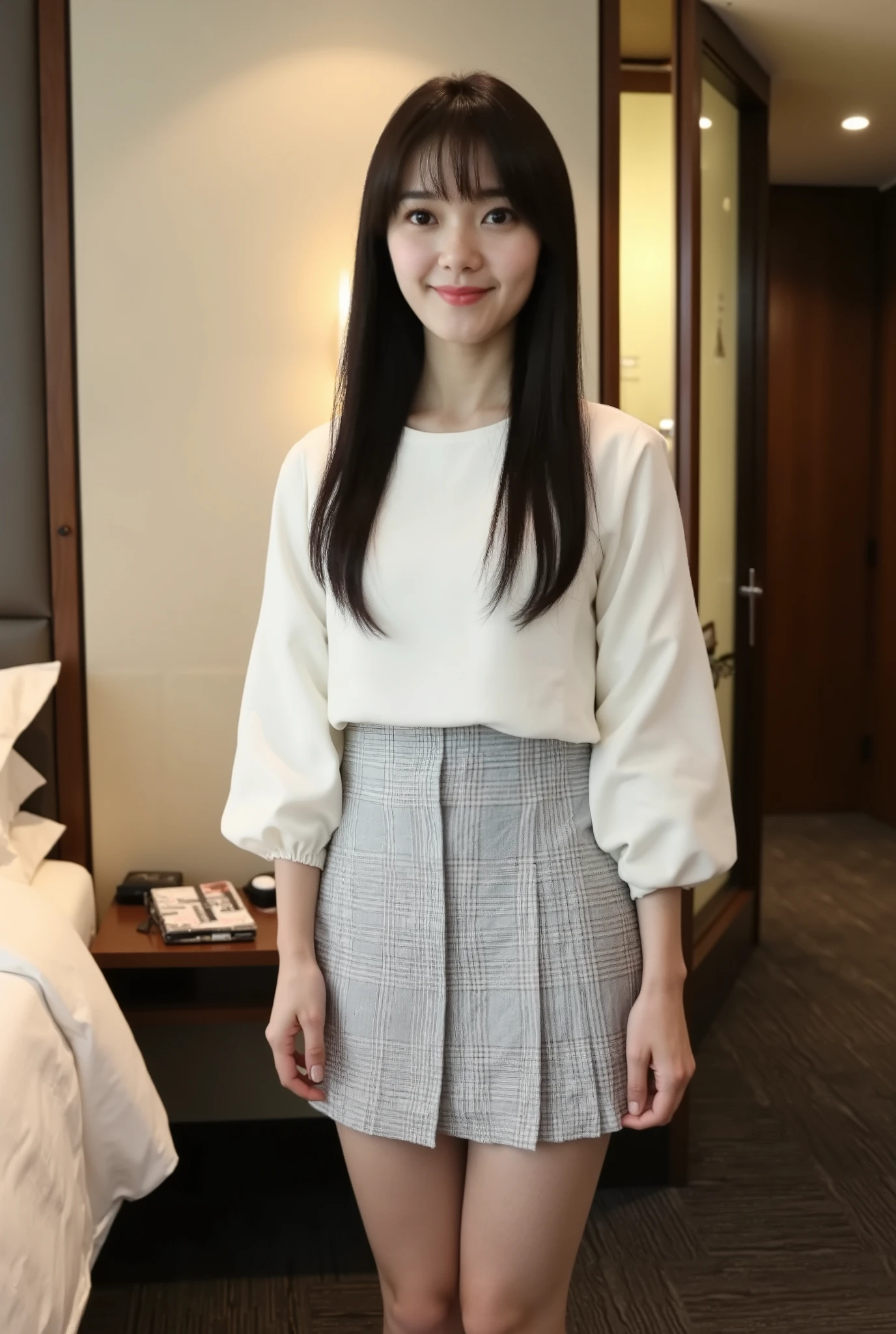 A photograph of a young Asian woman standing in a modern, well-lit hotel room. She has a fair complexion and long, straight black hair with bangs framing her face, wearing a gentle smile. Her outfit consists of a white, loose-fitting blouse with three-quarter sleeves and a slightly flared hem, complemented by a high-waisted, short pleated skirt in a light gray and white checkered pattern that highlights her slim waist and long legs.

The hotel room features a neutral color palette with beige walls and dark wood trim. To the left, there is a partially visible bed adorned with white bedding. Behind her, a frosted glass partition with a frosted glass door suggests access to a bathroom or another room. To the right, a dark wooden door with a silver handle leads to another area of the hotel. The dark gray carpet adds depth to the space, while soft lighting from recessed ceiling lights and a wall sconce creates a warm and inviting ambiance. The overall atmosphere is clean an