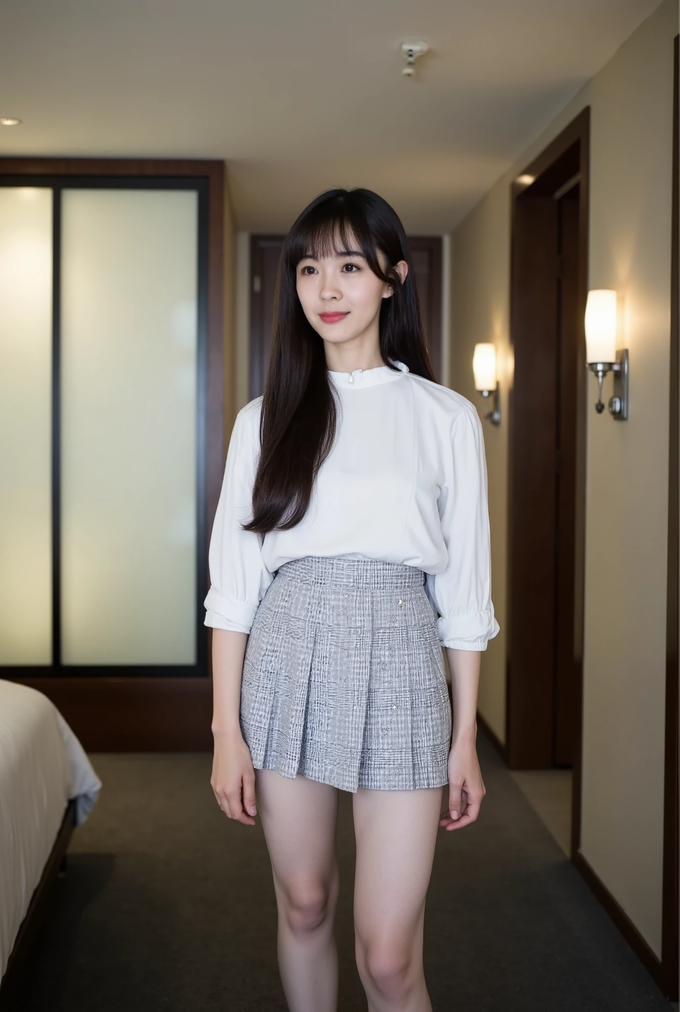 A photograph of a young Asian woman standing in a modern, well-lit hotel room. She has a fair complexion and long, straight black hair with bangs framing her face, wearing a gentle smile. Her outfit consists of a white, loose-fitting blouse with three-quarter sleeves and a slightly flared hem, complemented by a high-waisted, short pleated skirt in a light gray and white checkered pattern that highlights her slim waist and long legs.
The hotel room features a neutral color palette with beige walls and dark wood trim. To the left, there is a partially visible bed adorned with white bedding. Behind her, a frosted glass partition with a frosted glass door suggests access to a bathroom or another room. To the right, a dark wooden door with a silver handle leads to another area of the hotel. The dark gray carpet adds depth to the space, while soft lighting from recessed ceiling lights and a wall sconce creates a warm and inviting ambiance. The overall atmosphere is clean an