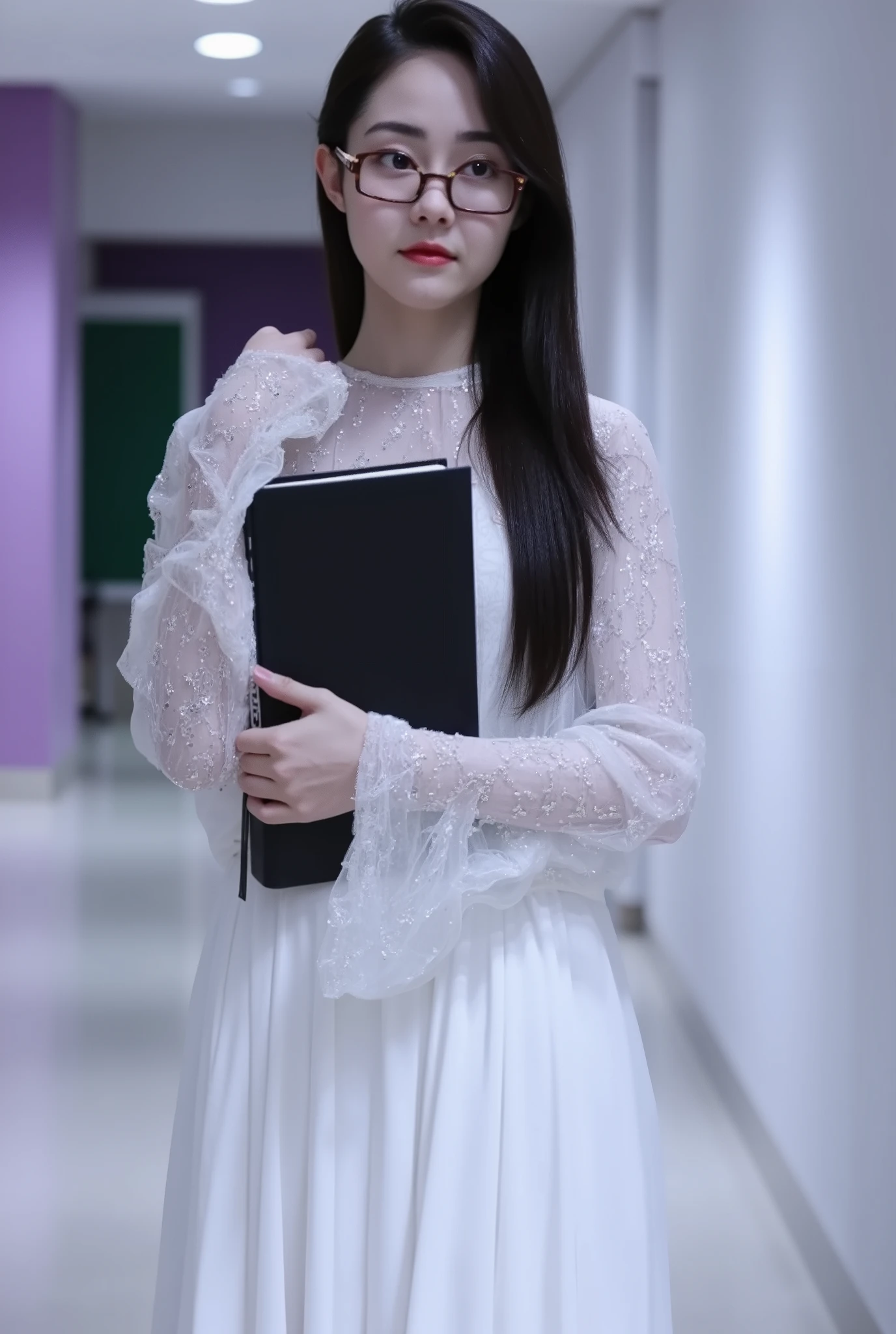 A high-resolution CGI rendering of a young woman standing in a corridor. She has fair skin and long, straight black hair that cascades over her shoulder. She wears a sheer white blouse with long sleeves, paired with a flowing ankle-length white skirt. Her delicate facial features include a small nose and full lips tinted with subtle pink, complemented by thin-framed rectangular glasses.
In her left hand, she holds a large black book close to her chest, conveying a sense of importance or comfort. The background features a corridor with a purple wall on the left and a green board on the right.
The space is well-lit, with a faint reflection on the polished floor that enhances the atmosphere. Soft, diffused lighting creates a serene ambiance. The image showcases high detail and realism, highlighting the textures and depth of both the environment and the woman's attire, along with her thoughtful expression.