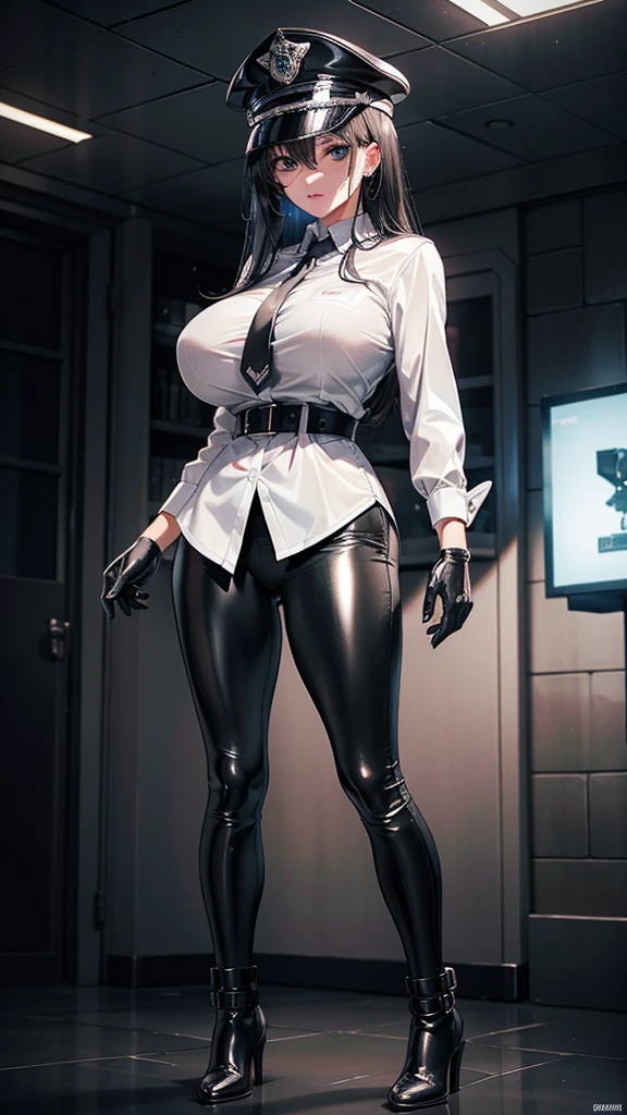 delicate, masterpiece, beautiful detailed, finely detailed, intricate details, (realistic:1.2), (dark lighting:1.2), (film noise:1.4), (full body), (looking at viewer:1.2), (detailed face), (masterpiece), (best quality), (ultra detailed), (illustration), (Highres) (Detailed illustration), brown eye color, detailed face, detailed glassy eyes, adult woman, (strong chin), (strong jaw), tight dress pants, collared shirt, suit vest, very large breasts, short curly hair, playing with hair, (full body), dive bar interior, (night time), athletic body, fully dressed, detailed background, doc martin boots, (proportional head), shoulder pistol suspenders, (smiling)