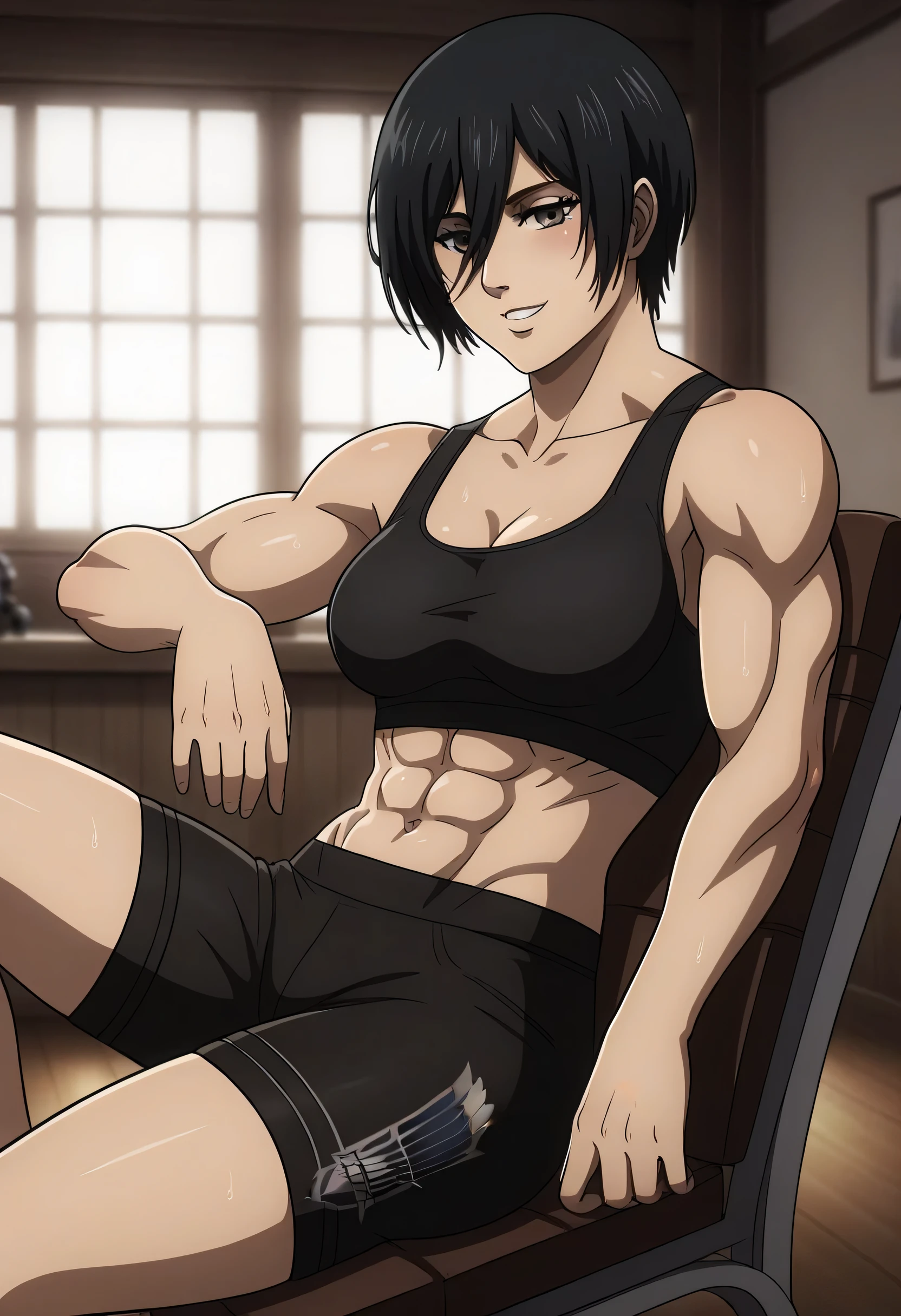 score_9, score_8_up, score_7_up, BREAK source_anime, mikasa ackrman, grey eyes, black hair, short hair, medium breasts,Mikasa wreanig black tight sport Elastic fiber bra and black sport modern shorts,mikasa with good looking body,perfect lighting,mikasa final season design,mikasa mappa version,sitting on chair, Perfect generation,mikasa boy hairstyle,mikasa season 4 version,attack on titan graphics,in night,HD wallpaper,perfect colors,pixie cut hairstyle,fighting face,,wet body,mikasa flat stomach,mikasa only six-pack,normal body size,anime style,tone six-pack,attack on titan season 4 style,upper body,close review to character,bra design as tank top, mikasa handsome face,in bedroom,light trun off in room,mikasa alone in room,solo,1girl, serratus anterior muscles,Qblique muscles,female navel,teeth appear at smile,too white skin,short appear in mikasa pants,Mikasa muscles lines detailed,l,hand laying on side chair,choza sitting,reviewing from side mikasa,too close to character review,.,wet hair,Neat and shiny hair,Attractive towards women,perfect fixing,workout,mikasa have shifter marks underneath her eyes indicates that she was transformed into titan
