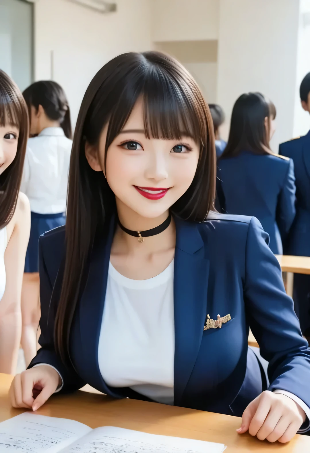  score_8up ,  score_9,  Group Photos, Group photo, beautiful たち who are relative, Submissive woman,  happy expression , (( white tight shirt、  Navy Blue Blazer )), Orthodox clothing,  announcer、 adorable by design， smile， Slim face,  has a slim body，  straight long hair ,  brown hair,  sexy,  perfect hand，  black choker、 blue contact lenses 、bangs、Very thick and long eyelashes、(( big breasted)), Big Breasts,  red lipstick,  anatomically accurate, Meeting Room, During a meeting，Manuscript on the table、 announcer、Water in a glass